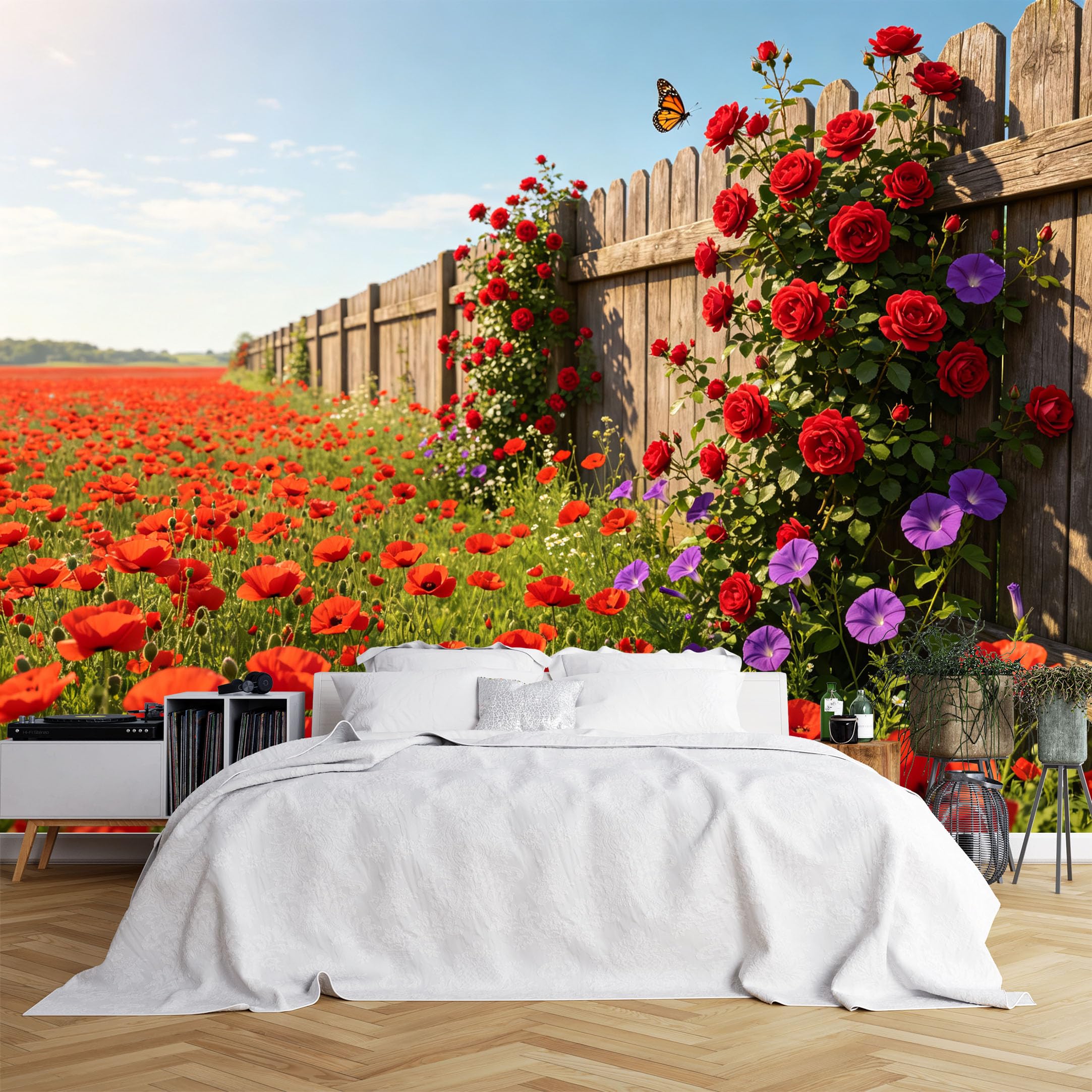 Lcythiazole Ch260615160 Custom Size Wall Murals Poppy Rose Fence Flower Field Wall Murals Floral Landscape Wallpaper Wall Covering Fabric Self-Adhesive Removable Wallpaper For Living Room