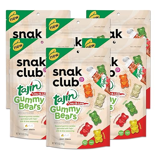 Snak Club Gummy Bears, caramelos de gomitas dulces y picantes de Tajin Chili & Lima, suaves en calor, sabor audaz, bajo en grasa, vegano, sin