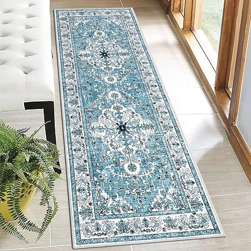 U'Artlines 2' x 6' Boho Hallway Runner Rug, Non Slip Washable Vintage Farmhouse Accent Area Rug Carpet for Kitchen Entryway Laundry and Living Room (Teal)