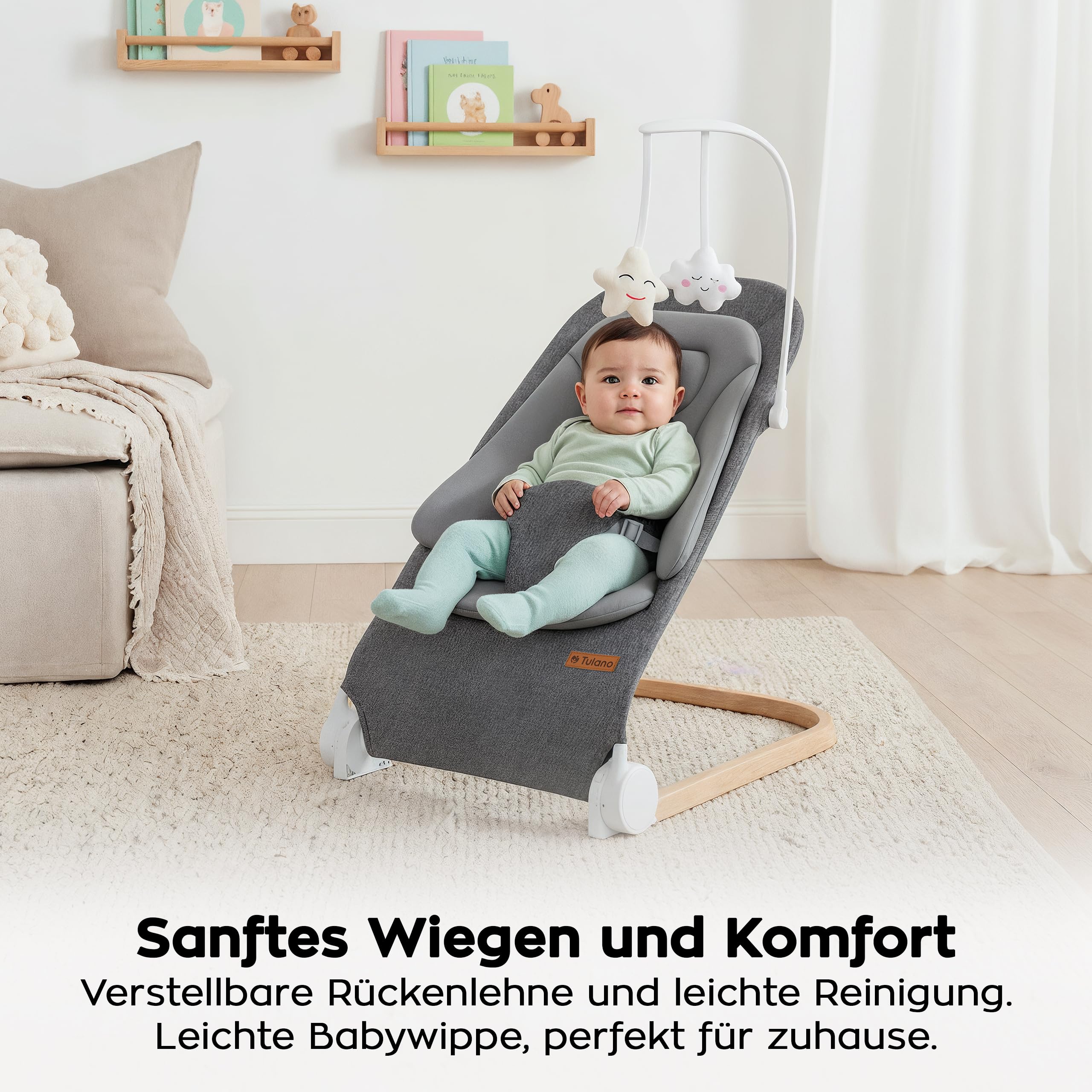 Tulano Moon 50 Babywippe – Babyschaukel mit Spielbogen Baby – 4 Positionen | Baby Wippe ab Geburt – natürliches Wippen – 3-Punkt-Gurt – UltraSoft-Matratze – Bezug waschbar – faltbar – Grau