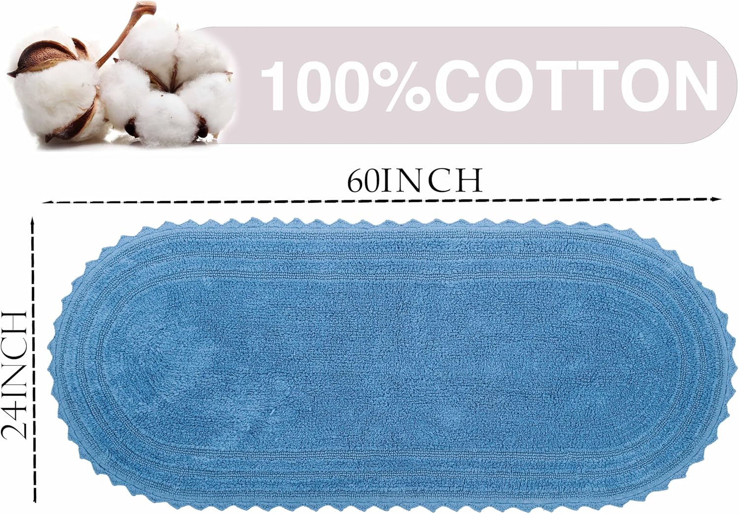 Royal Blaze Parisian Blue Crochet Reversible Bath Mat Runner 100% Cotton 60" Long Bathroom Rug Runner, Large Oval 24"x60"