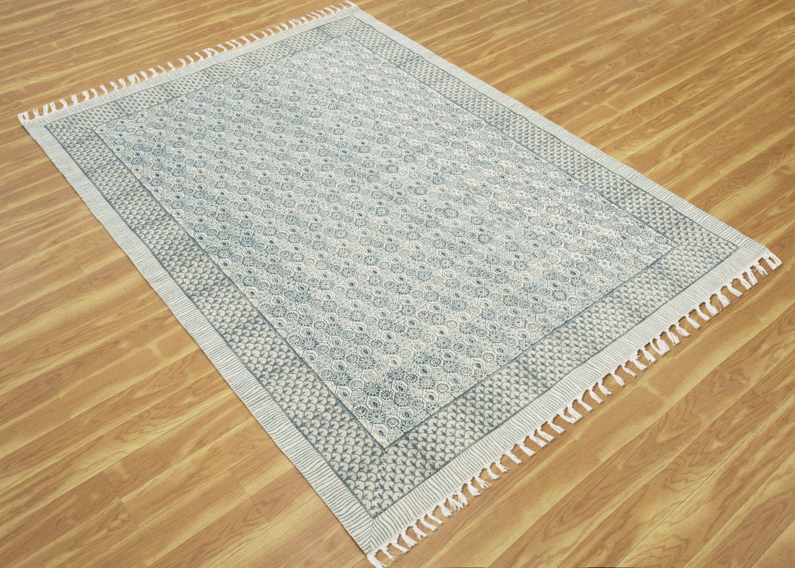Baumwoll-Läufer, 5 x 35 cm, Kelim-Läufer, florales Design, Handfläche, hellgrau, beige, handbedruckt, Baumwolle, Dhurrie-Boho-Teppich, 0,5 cm dick, für drinnen und draußen, Flachgewebe, für Flur