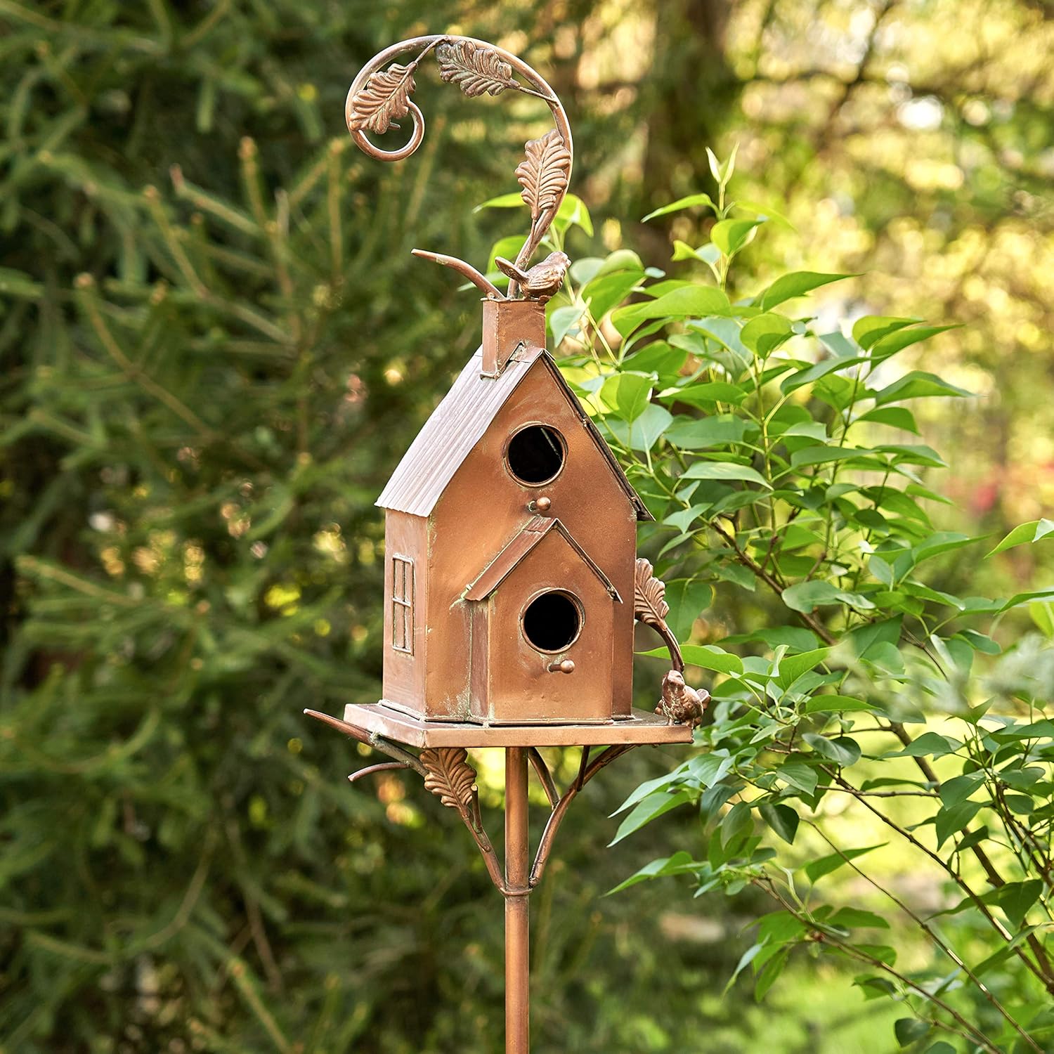 Zaer Ltd. Copper Colored Multi-Birdhouse Stakes, Room for 2 Bird Families in Each (Classic Home)