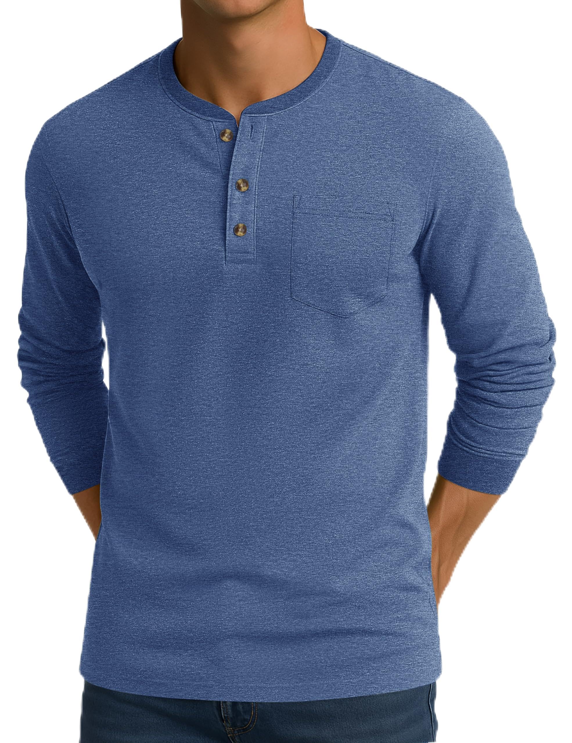 CRYSULLY Mens Long Sleeve Shirt Cotton 3 Button Pocket T-Shirts Casual Stylish Lightweight Pullover Shirt