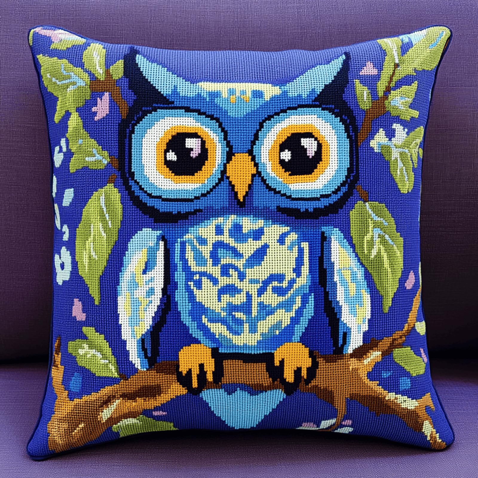 XDEGHUANGSS Latch Hook Cushion Kit for Adults Beginners – 17x17 Inch (43x43 cm) Pre-Printed Owl Pattern DIY Craft for Sofa Home Decor