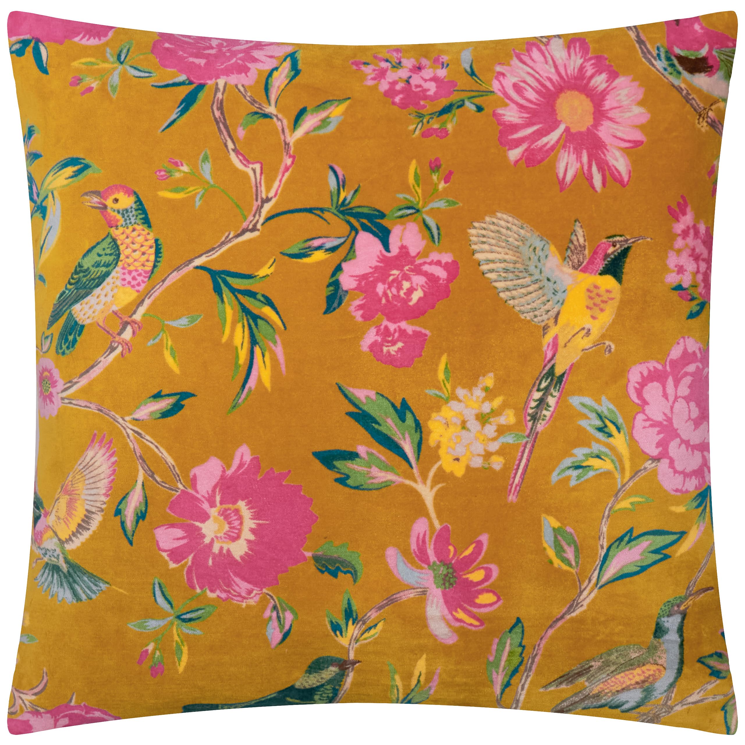 furn. Wylder Aviary Cushion Cover – Cotton Velvet Country Garden Bird Decorative Case (Gold – 50x50cm)
