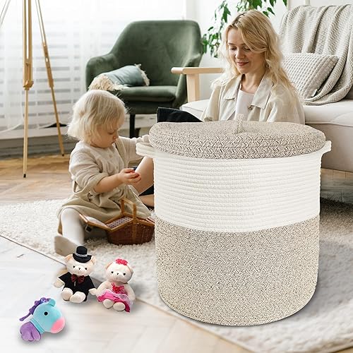 Miniatura 3 de Cesta de almacenamiento grande con tapa de 60 L, 16 pulgadas de ancho x 18 pulgadas de alto, cesta tejida para ropa sucia con asa, decoración de