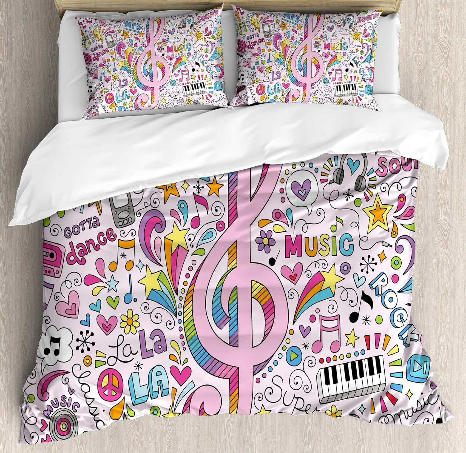 Ambesonne 70s Party Duvet Cover Set, Music Clef Groovy Psychedelic Doodles Hand Drawn Hippie Signs Artwork, Decorative 3 Piece Bedding Set with 2 Pillow Shams, Queen Size, Pale Blush