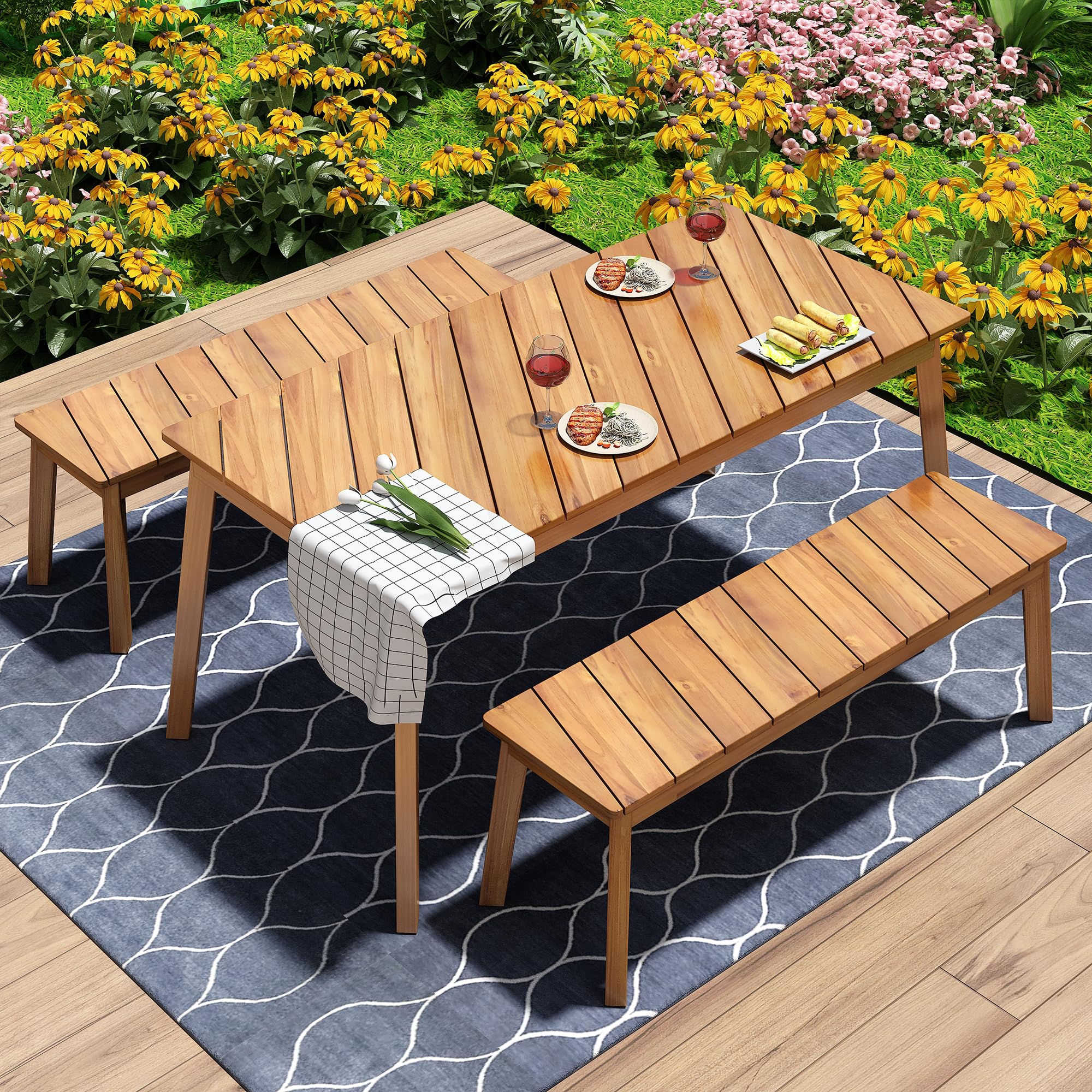 GO 3 Pieces Acacia Wood Table Bench Dining Set for Outdoor & Indoor Furniture with 2 Benches, Picnic Beer Table for Patio, Porch, Garden, Poolside, Natural