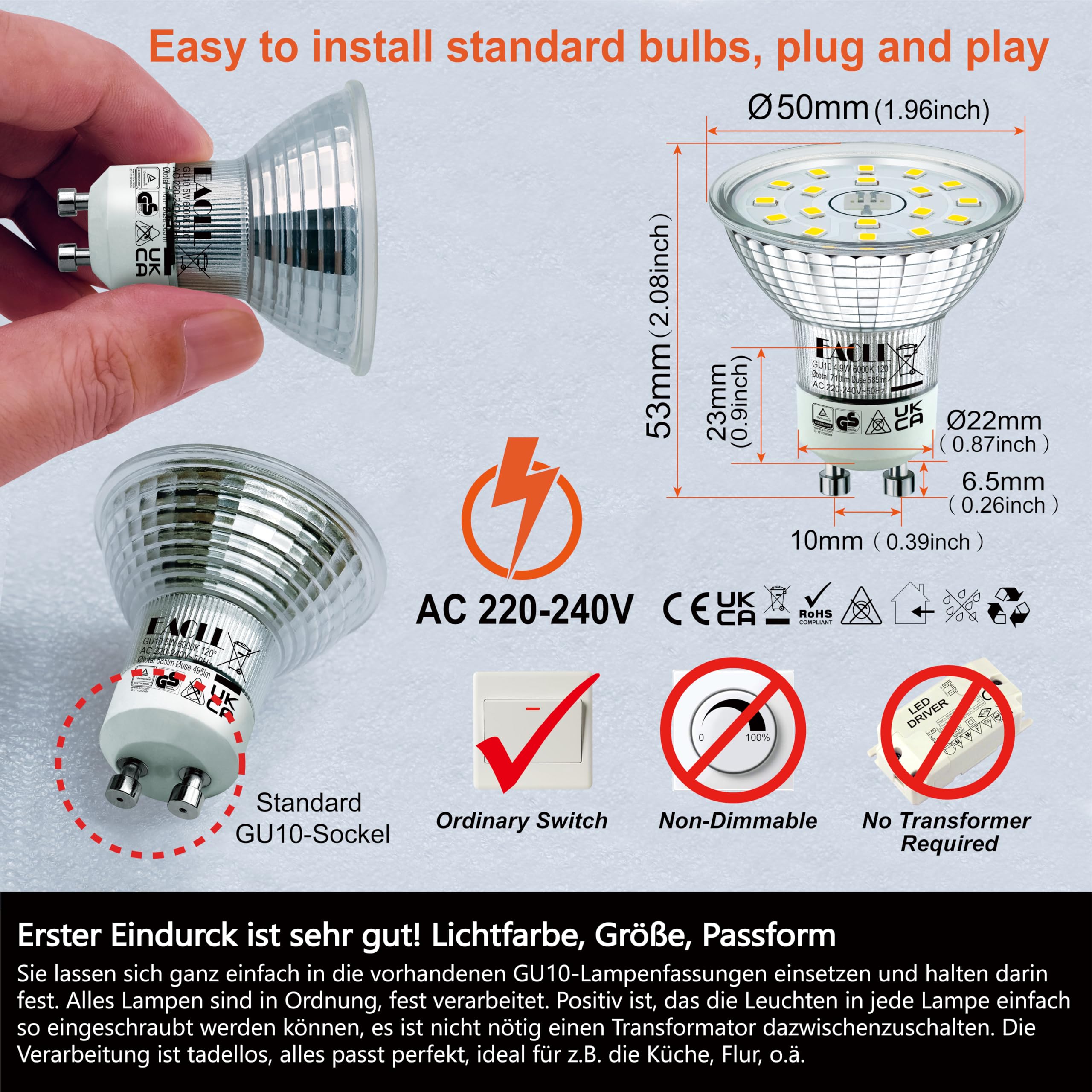 EACLL Lampadine LED GU10 4.9W Equivalente a Alogena 75W, Pacco da 20, 585lm 6000K Bianco Freddo, Faretti AC 230V senza Sfarfallio, Angolo a Fascio 120° Spot, Non Dimmerabile corta Riflettore Lampade