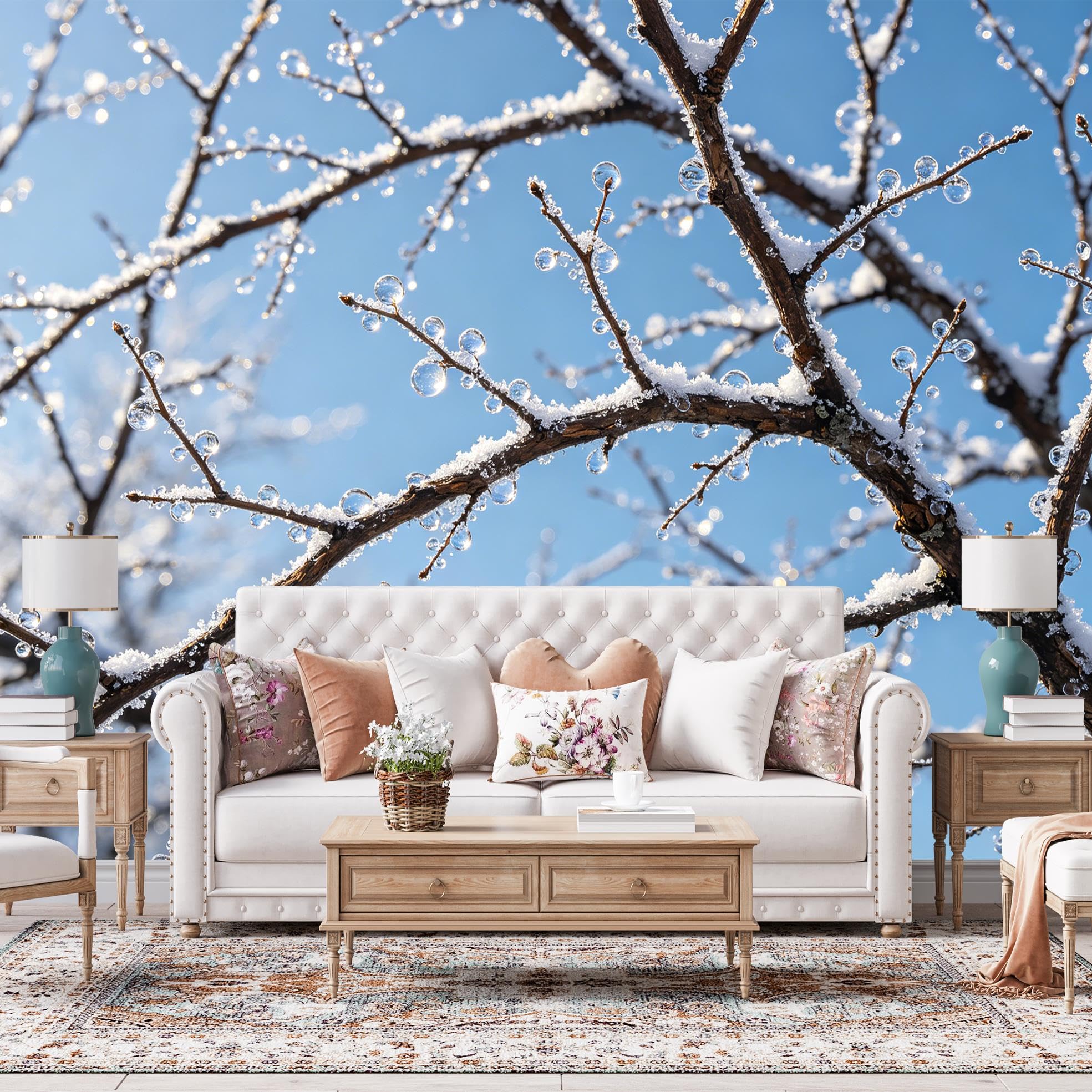 Peel And Stick Wall Mural, Frosty Branches Self Adhesive Wallpaper 340X250Cm(Wxh) Thick Waterproof Vinyl Wallpaper Removable Wall Covering For Bedroom Living Room Home Decor Frosty Branches 340X250Cm
