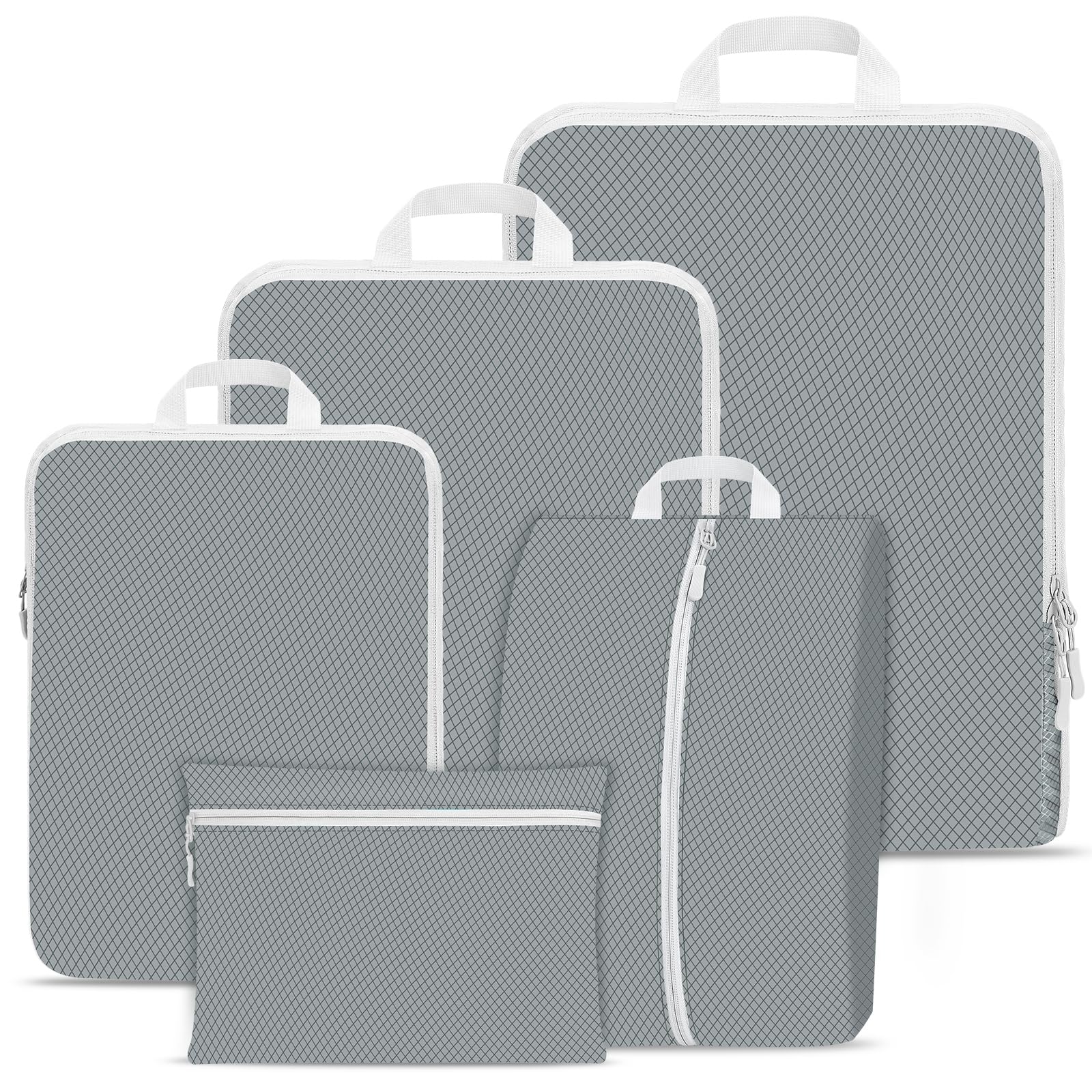 Kiamxne Grey Compression Packing Cubes For Suitcases,Suitcase Organiser Bags,Travel Packing Cubes Compression Set For Backpack,Packing Organisers,Waterproof Travel Organiser Packing Bags (, 5 Pack)