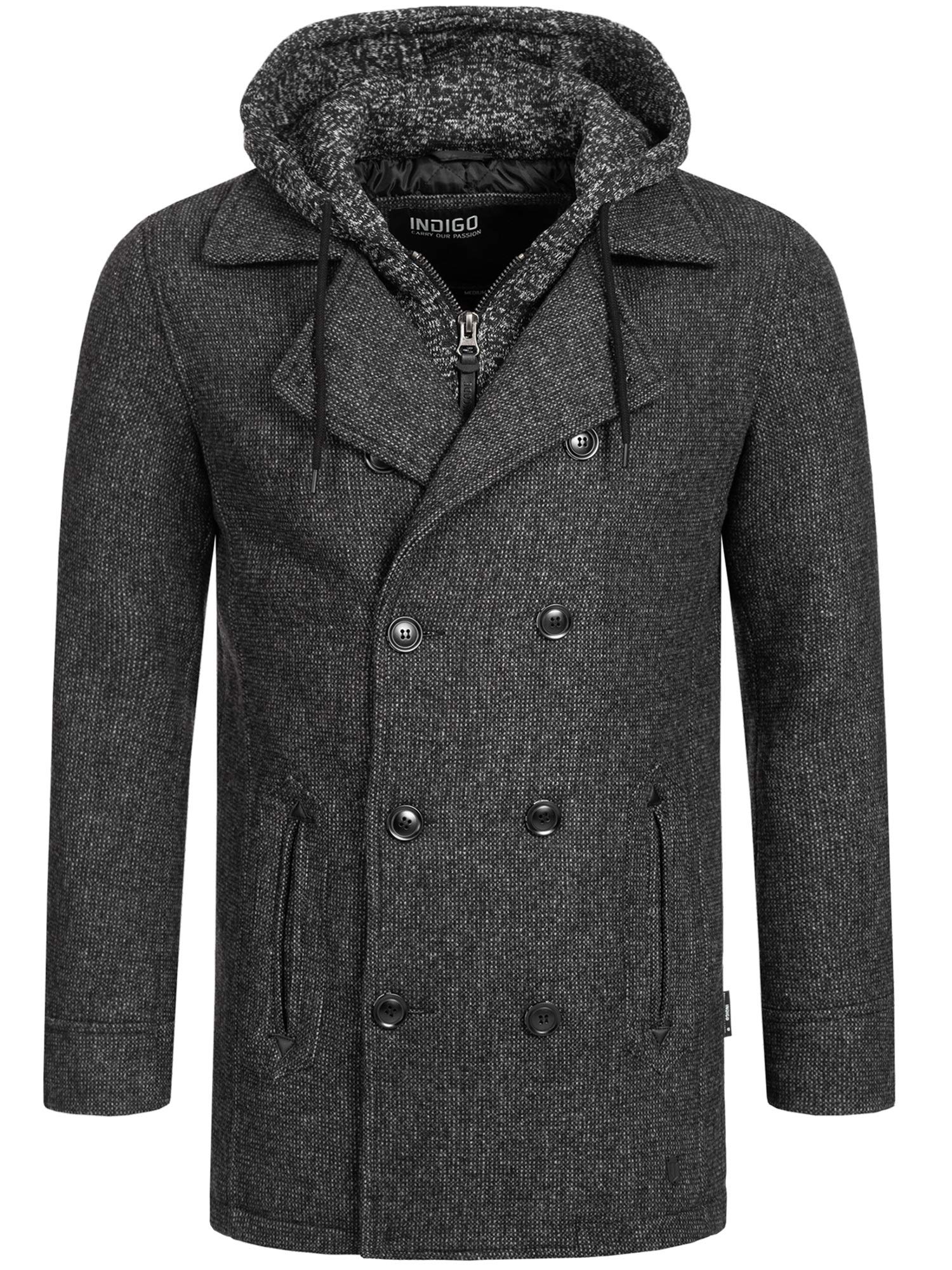 Indicode Herren Cliff Kurzmantel Wollmantel mit Stehkragen und Kapuze | Warmer Herrenmantel für Alltag und Freizeit mit Kapuze, Wintermantel, Outdoorjacke, Freizeitmantel, edler Mantel für Männer