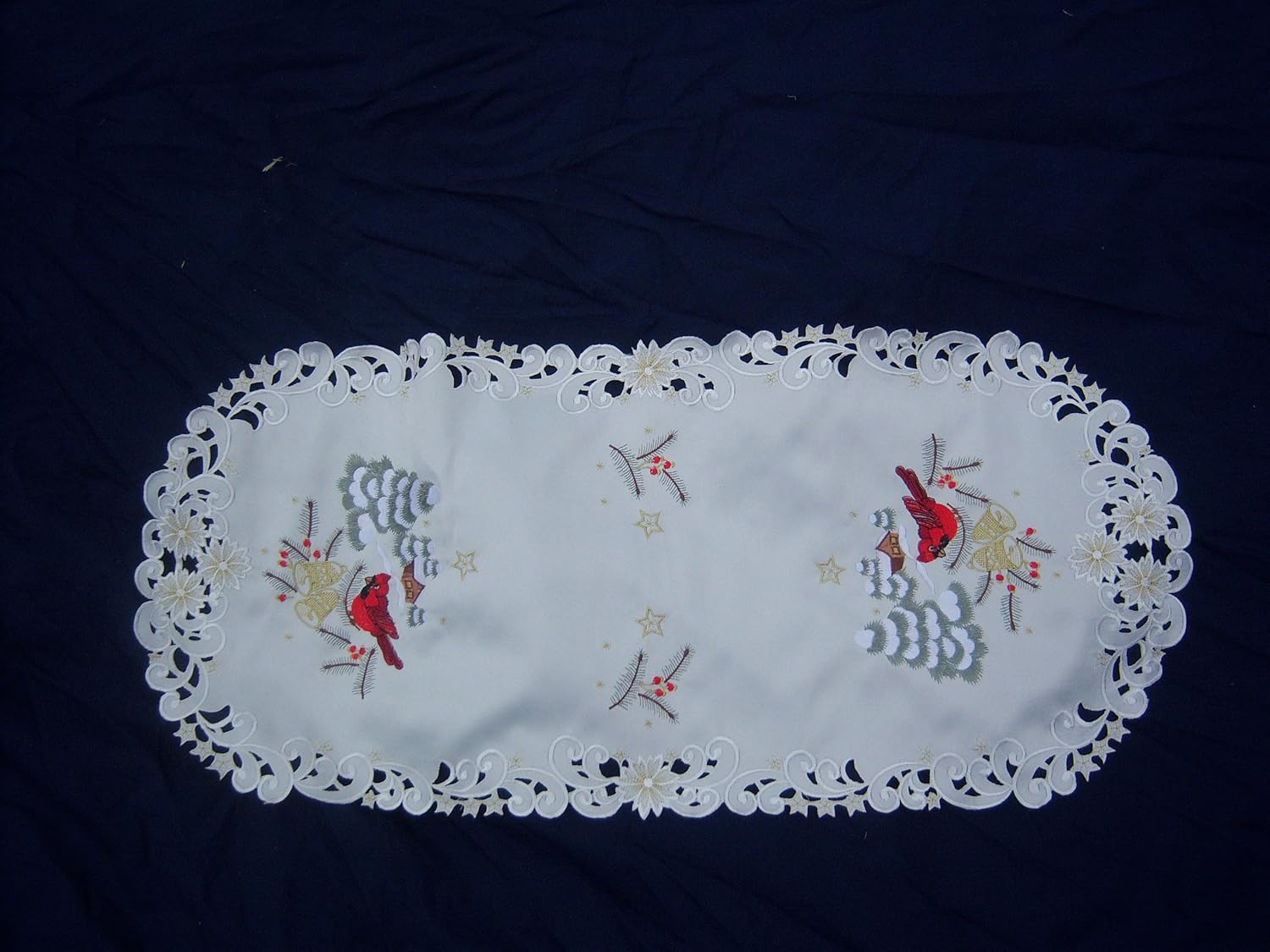 Christmas Table Runner Embroidered with Red Cardinals on Antique Material, Size 36 x 15 inches