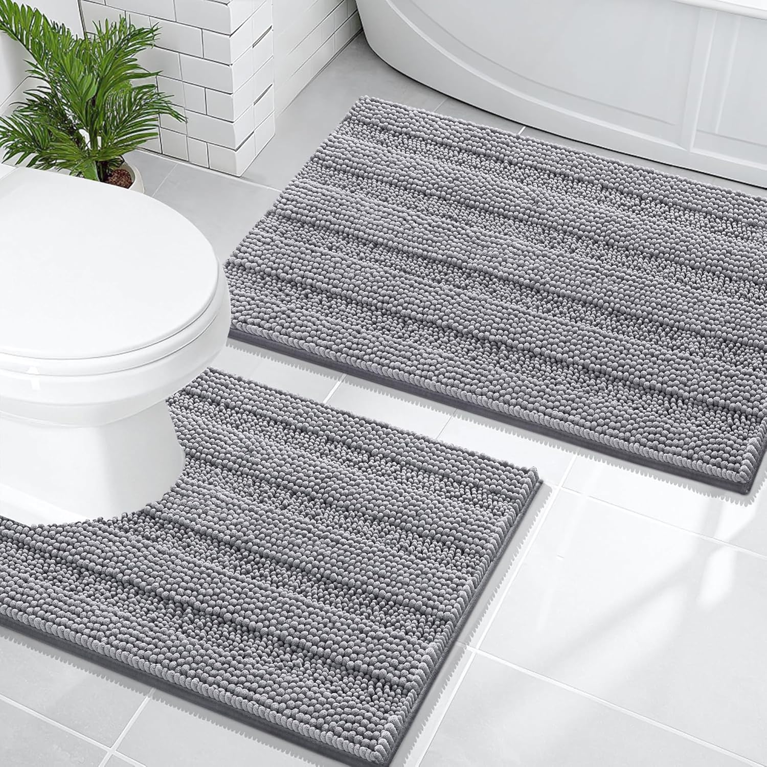 OLANLY Thick Bathroom Rugs Sets 2 Piece, Soft Absorbent Chenille Striped Bath Mats and U-Shaped Contour Toilet Rug, Machine Washable Bath Carpet, Home Decor Accessories(30"x20"+24"x20", Medium Grey)