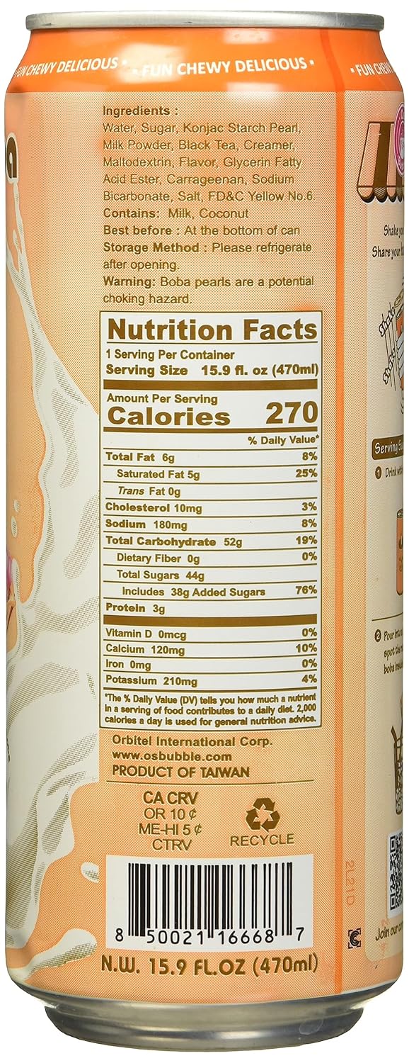 O's Bubble Gummy Boba Latte Canned Bubble Tea Drink With Chewy Boba Pearls (Konjac), 22% whole milk blend, 470ml(15.9 fl oz/can), THAI TEA, (Pack of 12)