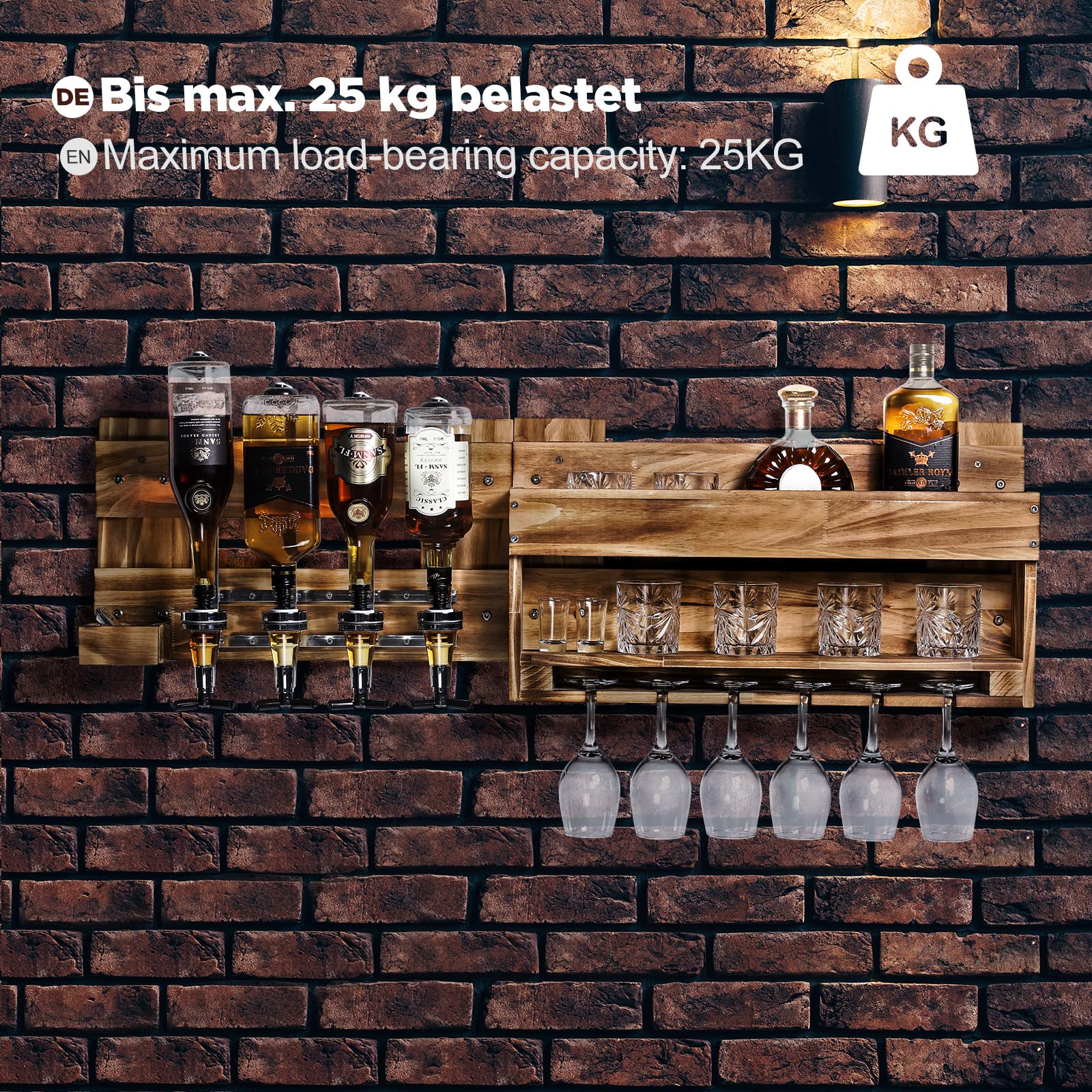 Yorbay Weinregal Palette beflammt Holz, Wandbar mit 4 Getränkespender Wand Flaschenhalter, Vintage, Geschenk (Regulär ohne LED)