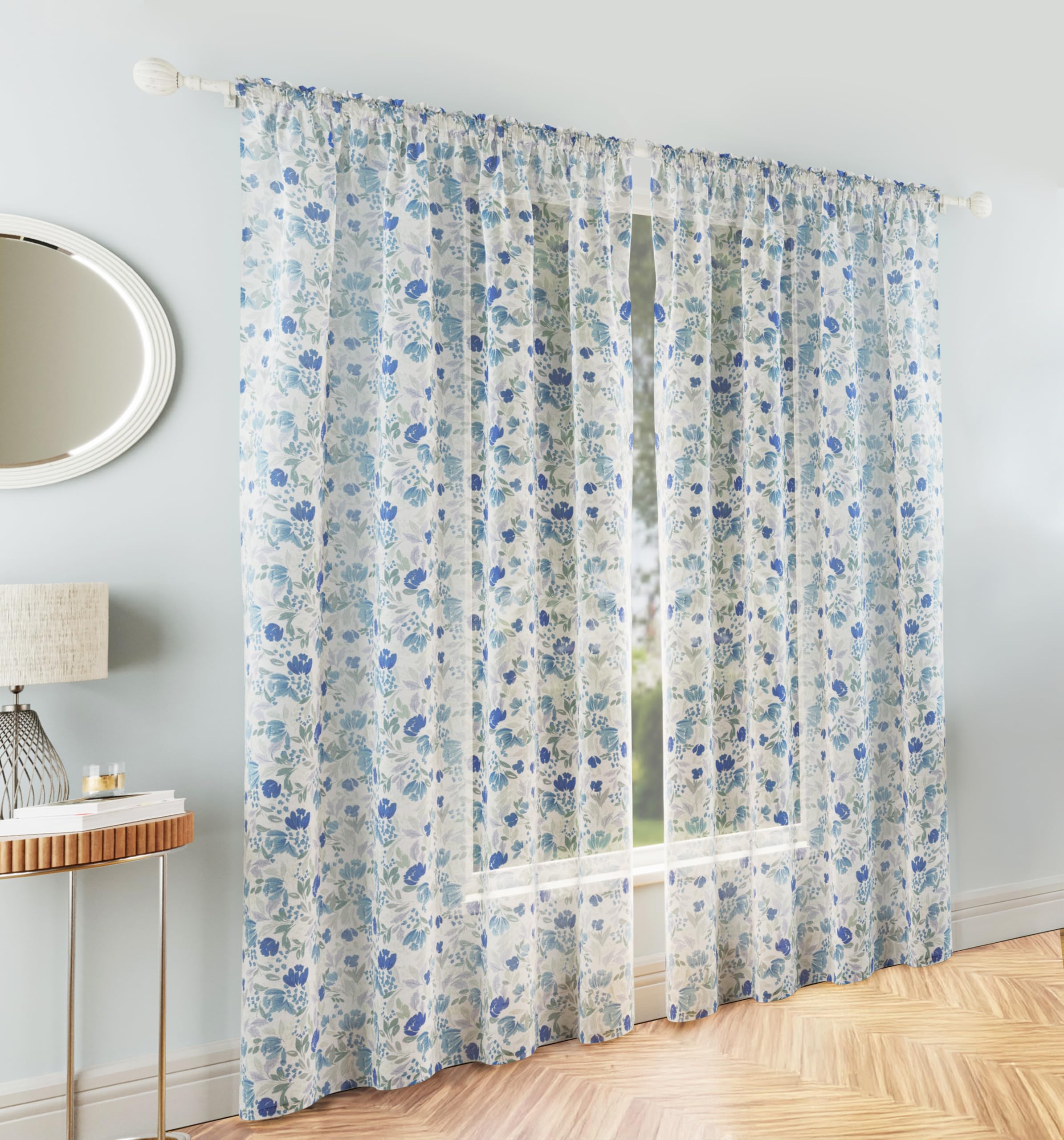 Rackhams Blue Mia' Floral Print Voile Panels Pair With Rod Pocket Header - 55" (140Cm) Width X 54" (137Cm) Drop