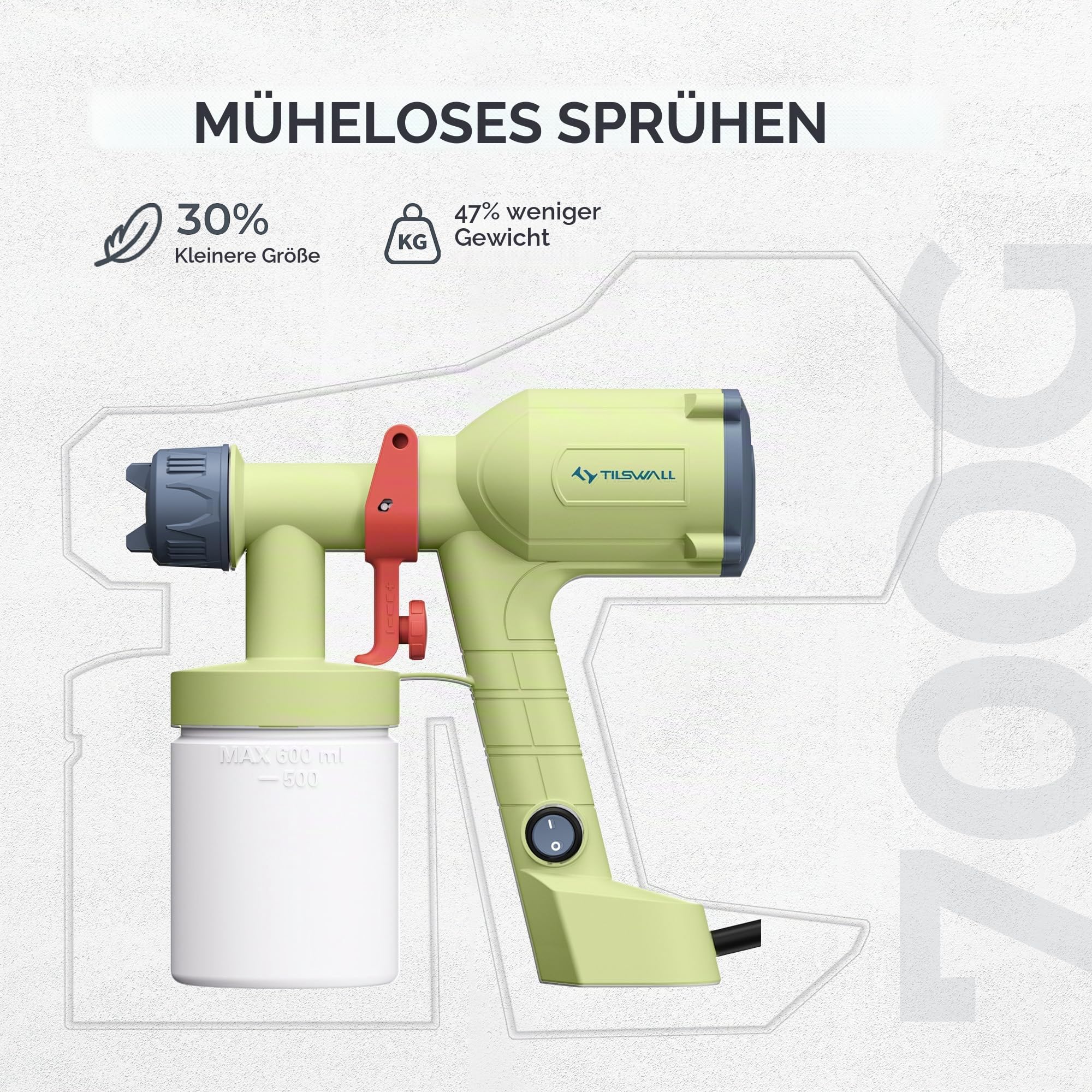 Tilswall Farbsprühsystem Lackierpistole,Ultra-leichte Elektrische Farbsprühgerät mit 600ml Farbbehälter, 2 Düsen & 3 Sprühmustern, Farbspritzpistole für Wandfarbe, Möbel, Schränke, Gelbgrün