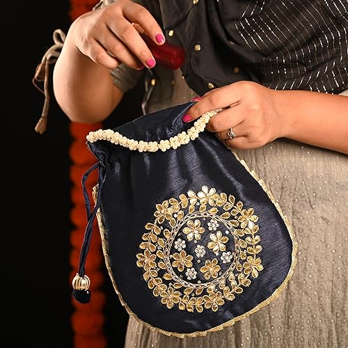 Miniatura 4 de Potli Bolso de mano Batawa bordado adornado hecho a mano, tradicional, étnico, dorado, trabajo, boda, bolso de mano para niñas y mujeres, para
