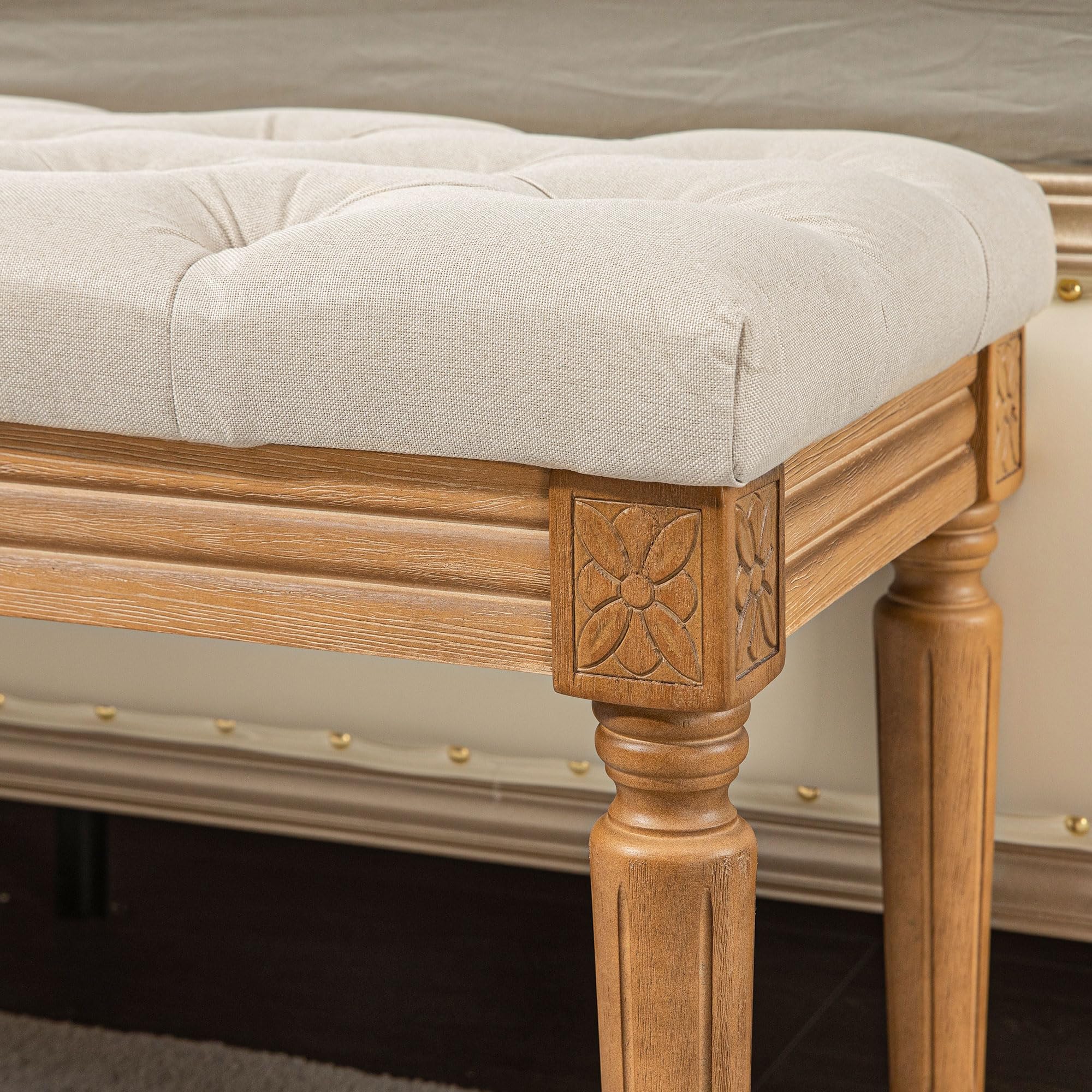 HOMCOM Banc, banc rembourré avec aspect lin, pieds en bois, banc de lit pour chambre à coucher, salon, couloir, 120 x 41 x 48 cm, crème