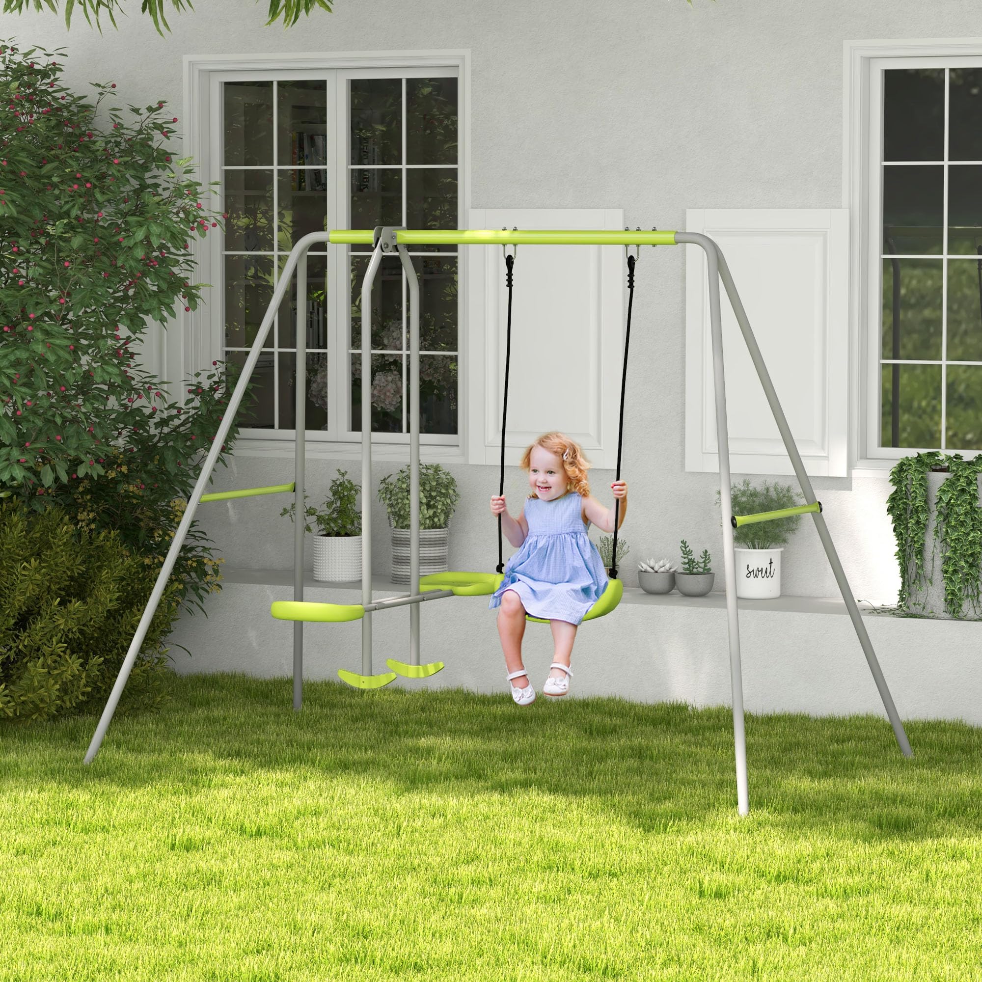 Outsunny Columpio para Niños Anti-UV 135 kg 255x160x180 cm Gris y Verde | Columpio Jardín Exterior, 1 Simple, 1 Planeador