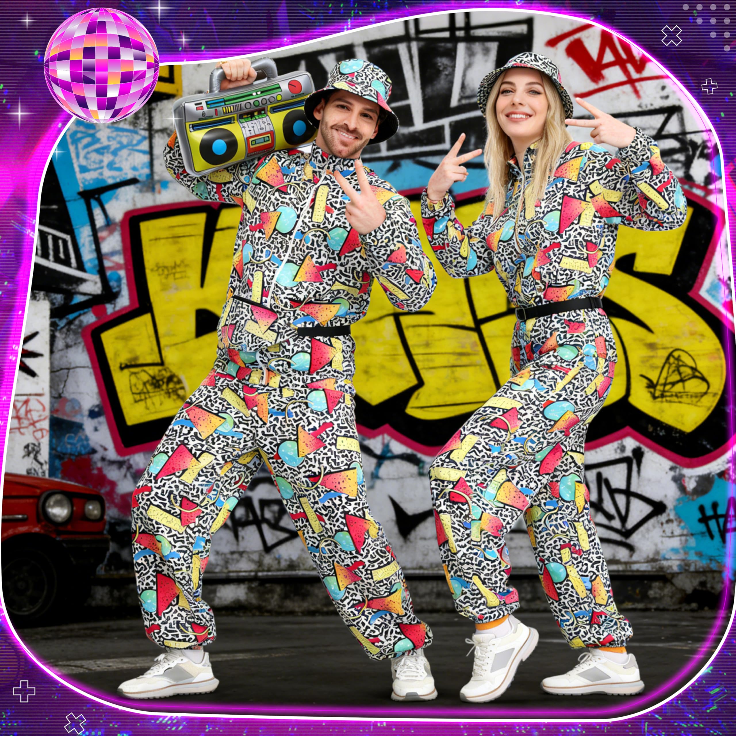 MOMOSTAR Estilo Años 80-90 Hip-Hop Blanco Ropa Deportiva para Hombres y Mujeres Adecuada para Reuniones Festivas y Vestimenta Laboral Cotidiana Incluye Accesorios Festivos