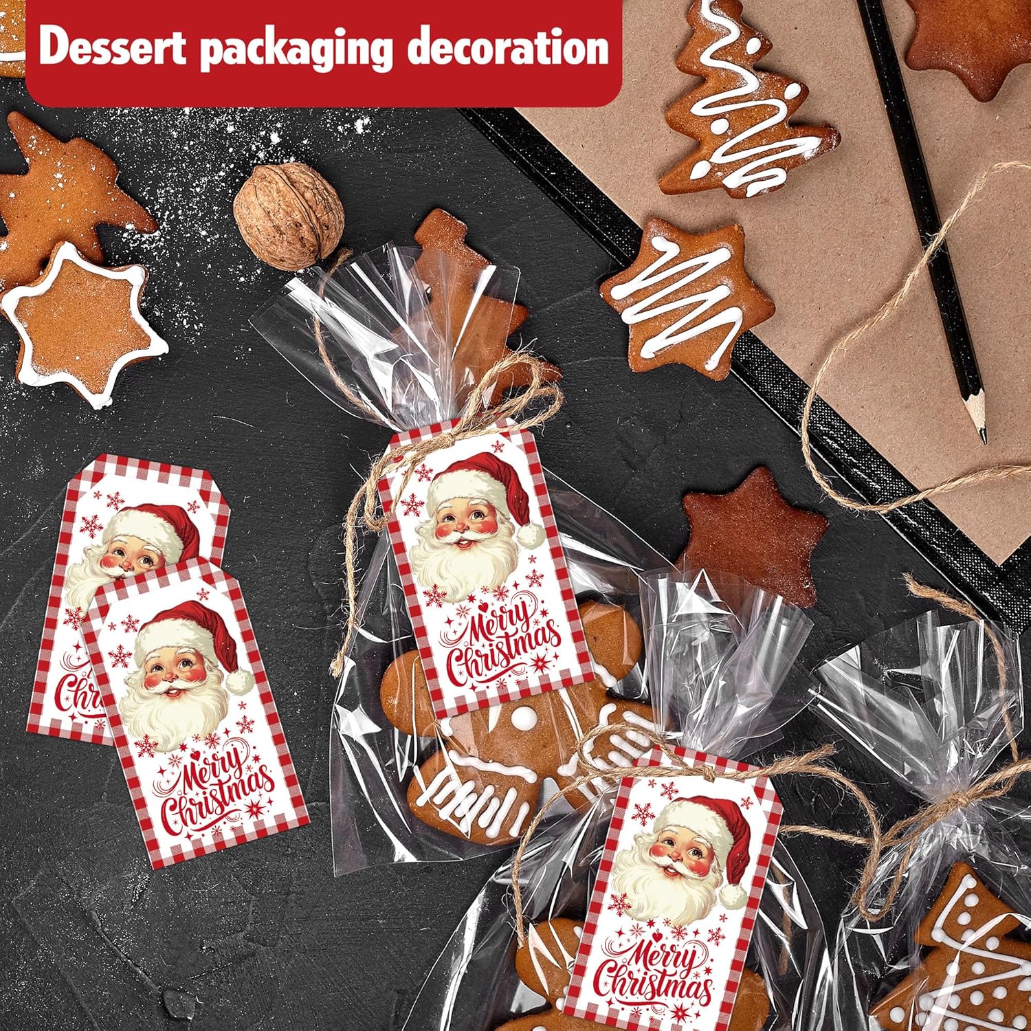 Merry Christmas Gift Labels with String, 2x3.5 Inches Christmas Santa Claus Paper Tags, 50PCS Buffalo Plaid Gift Tag for Xmas Presents, Holiday Wrapping Party Favor Decor Supplies-A01 - Image 4