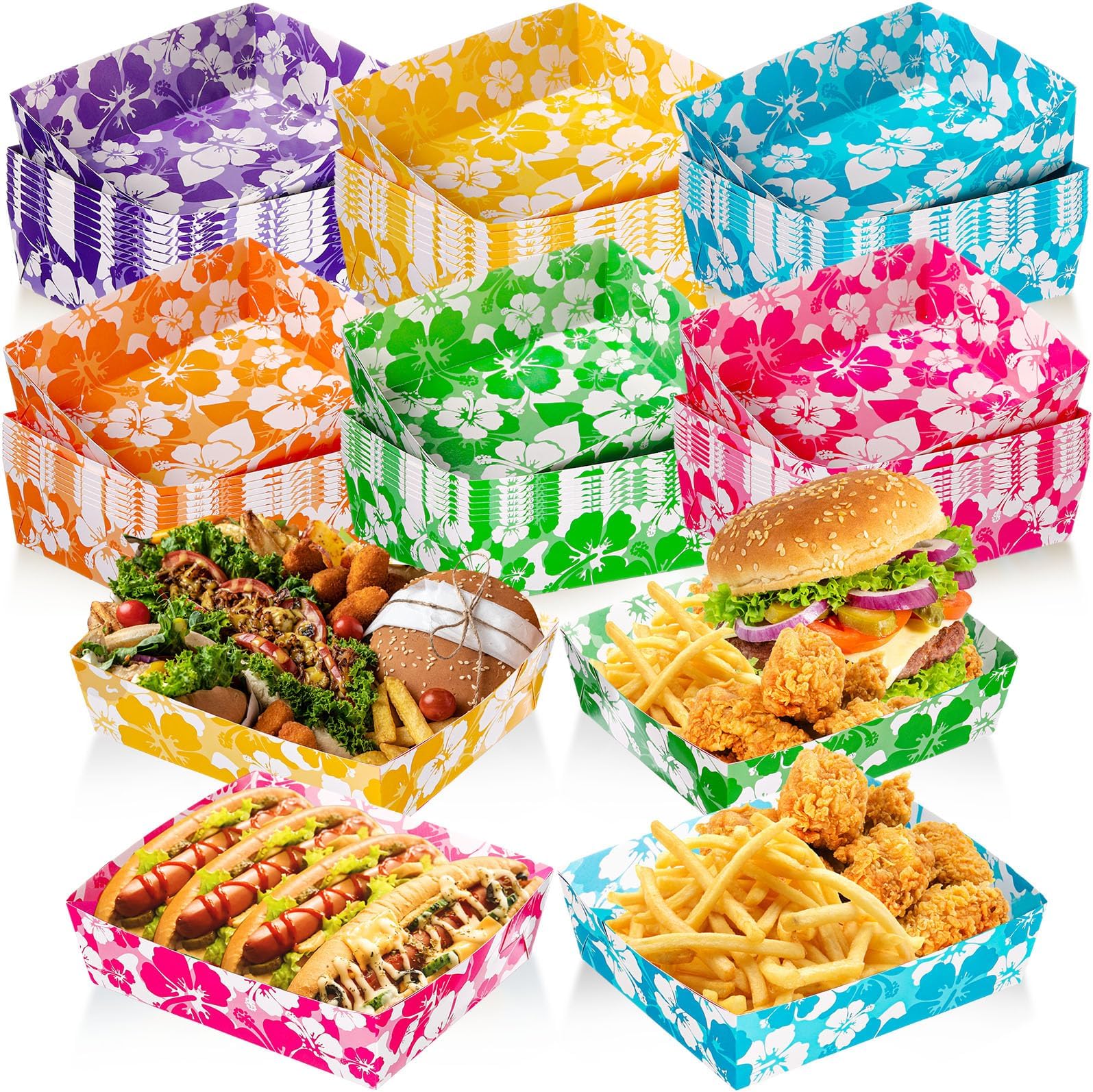 Nitial 48 Pcs Hawaiian Party Paper Food Trays 5 lb Large Paper Nacho Boats Disposable Food Paper Trays Snack Paper Tray for Hibiscus Party, Hawaiian Tropical Theme Luau Birthday Party