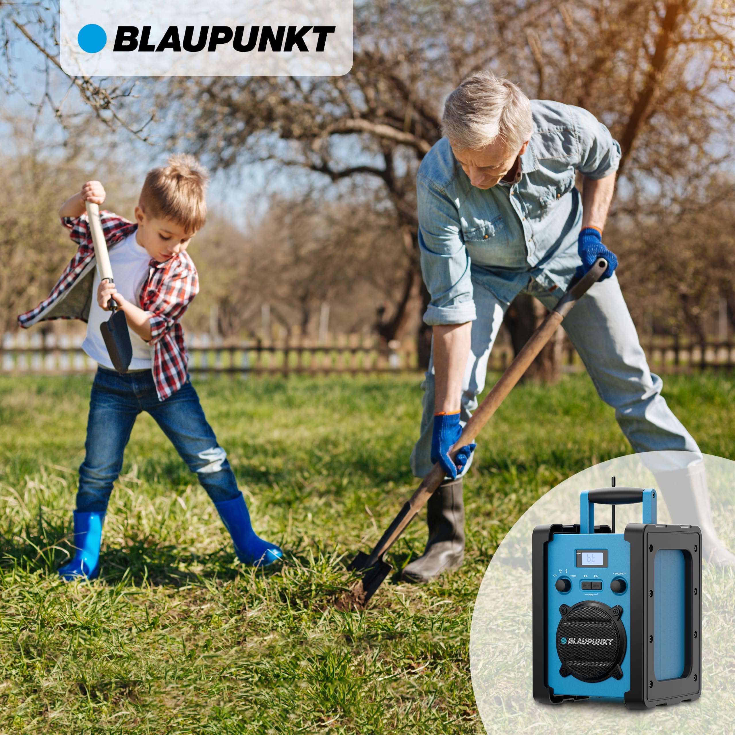 Blaupunkt BSR 30, Baustellenradio, Bluetooth, Robustes Akku-Radio, IP44 Schutz, AUX Wiedergabe, tragbares Baustellen Radio für Werkstatt & Outdoor
