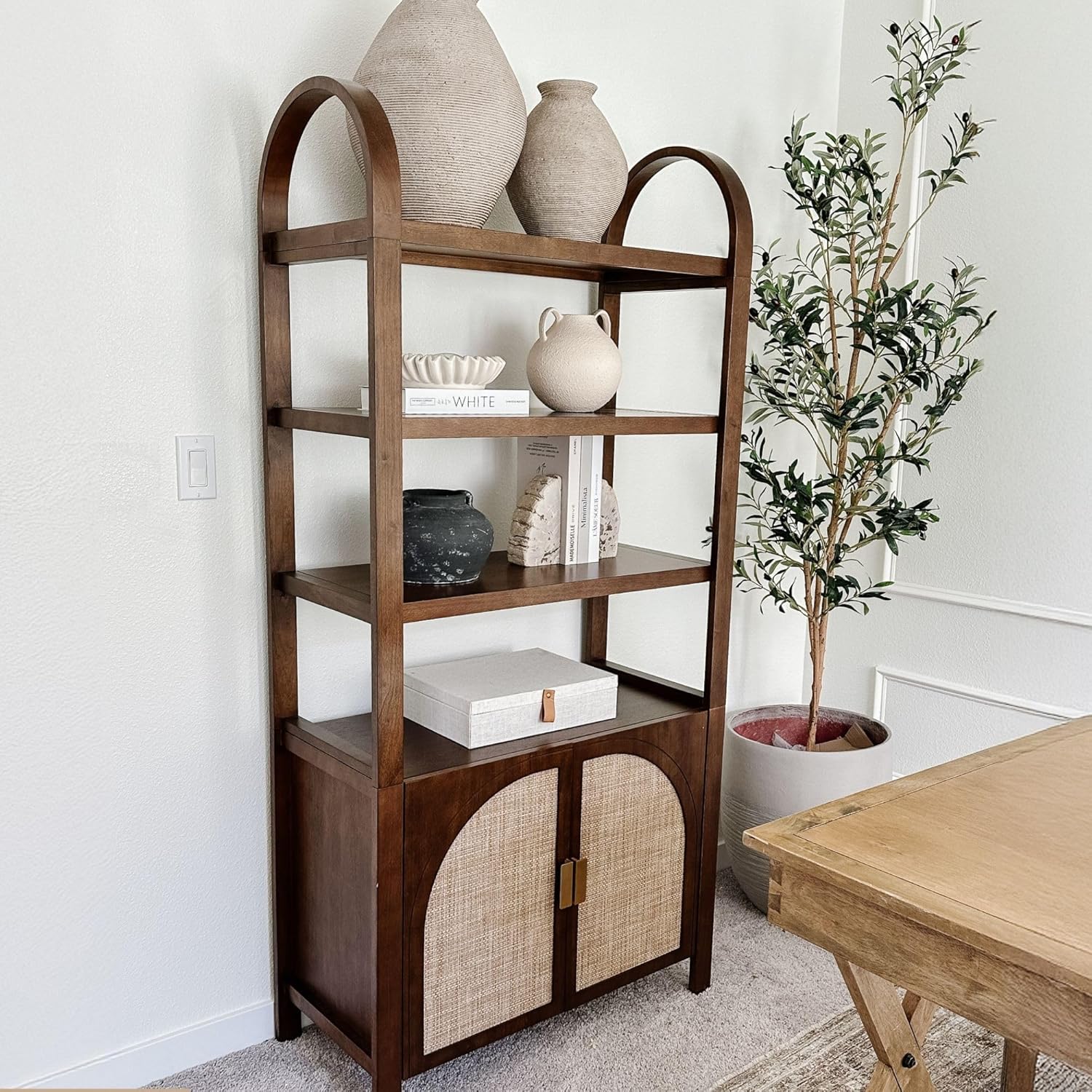 Nathan James Paxton Boho Bookshelf Cabinet with Solid Wood Frame Rattan Bookshelf with Cabinet Base, Arched Bookcase Cabinet for Living Room or Home Office, Dark Acacia, Set of 4