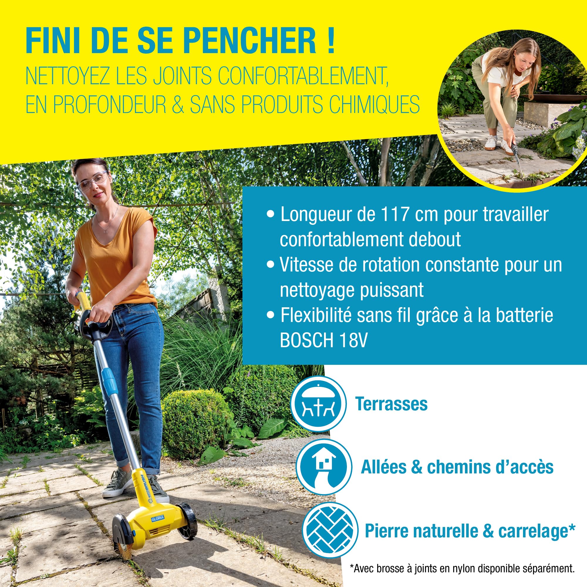 GLORIA Brosse à Joints WeedBrush li-on | Compatible Batterie Bosch 18V | Sans batterie | Brosse désherbeur pour terrasse, allée et pavés | Désherbage pierre & carrelage | Brosse métallique incluse