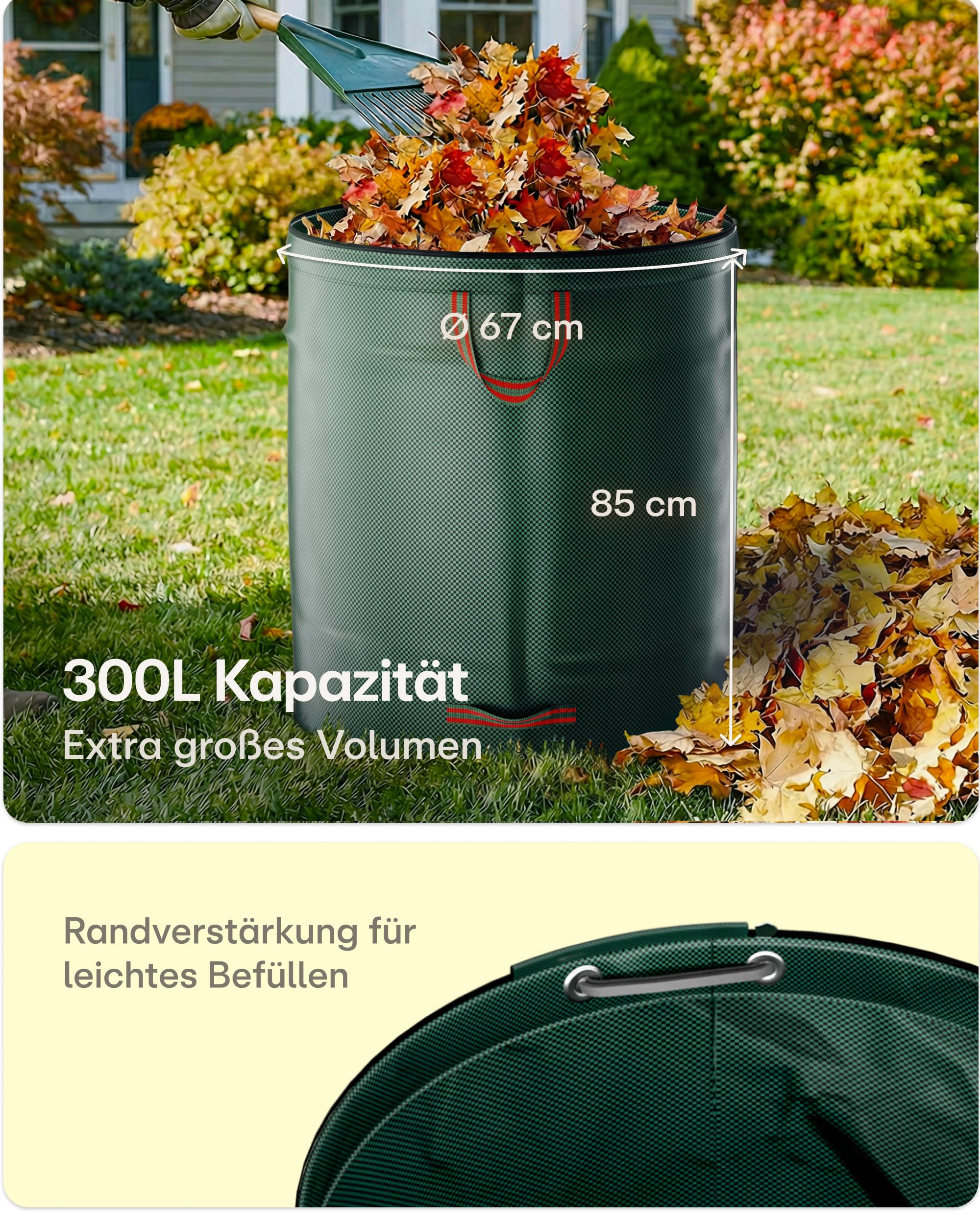 Praknu 3x Gartenabfallsack Stabil 300 Liter Mit Deckel - Laubsack mit 4 Reißfesten Griffen - Stabil & Faltbar Gartensack - Laubsäcke - Gartensäcke - Garten Abfallsack - Grünschnittsack - Gartenzubehör