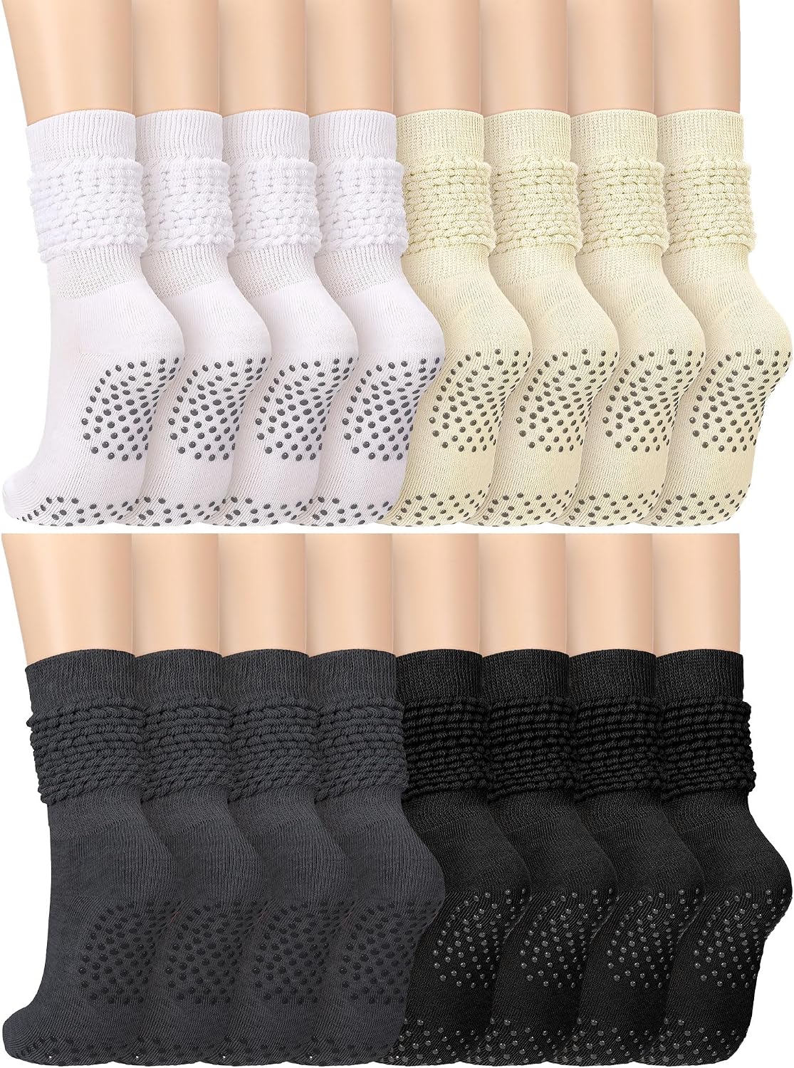 8 Pairs Pilates Slouch Socks with Grips for Women Grippy Sock Non Slip Scrunch Yoga Barre Slouchy Knee High Stocking