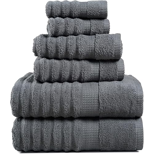 LANE LINEN Bathroom Towels Set - 2 Bath, 2 Hand Towels for Bathroom and 2 Wash Cloths for Body - Highly Absorbent, Soft, Premium 100% Cotton Bath Towel Set for Everyday Use (Set of 6) - Space Grey