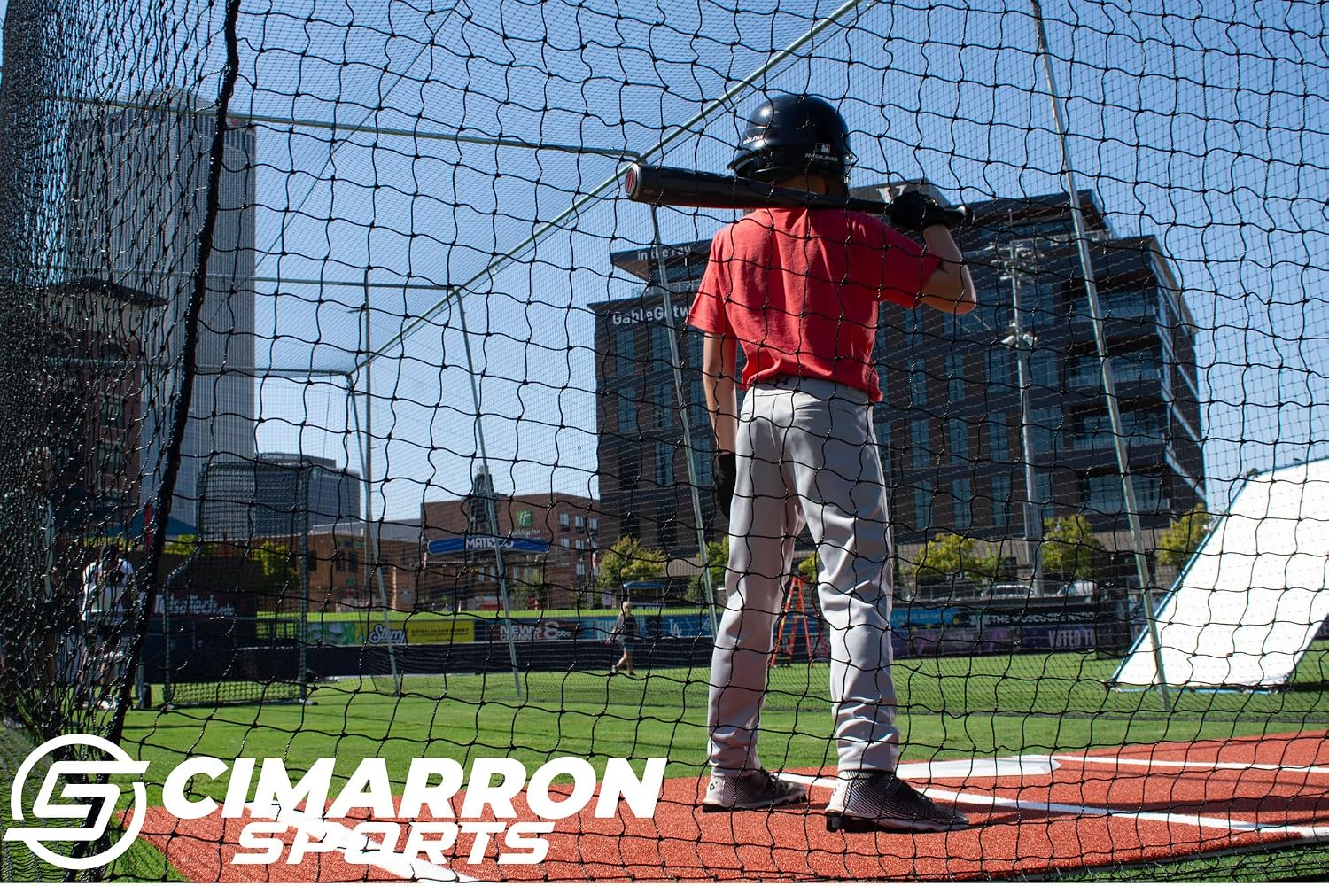 Cimarron Sports Commercial Baseball Softball Batting Cage Tunnel with Steel Frame, Pitcher L-Screen, Backstop, Home Plate Mat, Ground Supports