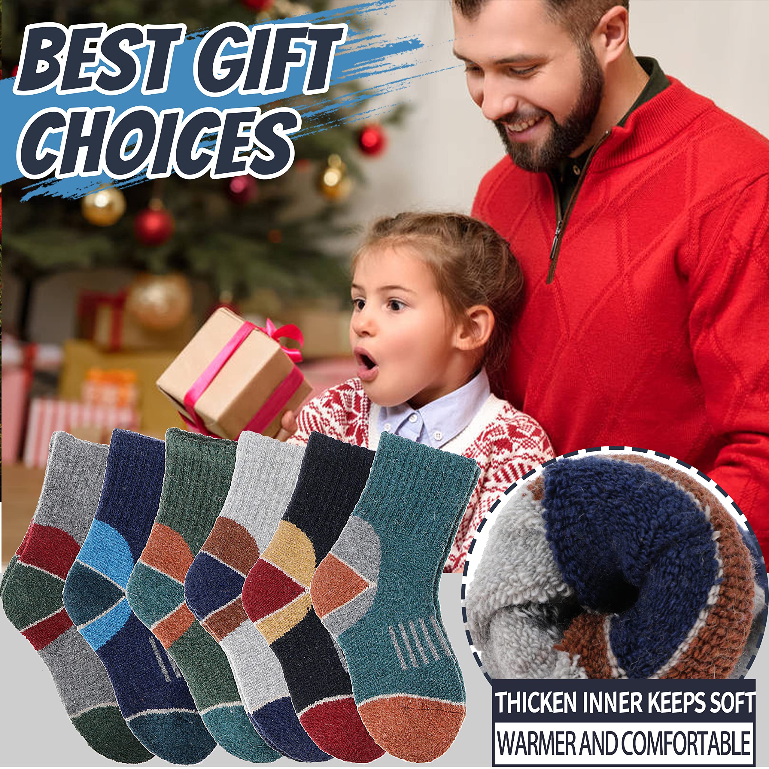 EBMORE Chaussettes Enfants Laine Mérinos, Randonnée, Sport, Hiver, Noël, Cadeaux, 6 Paires