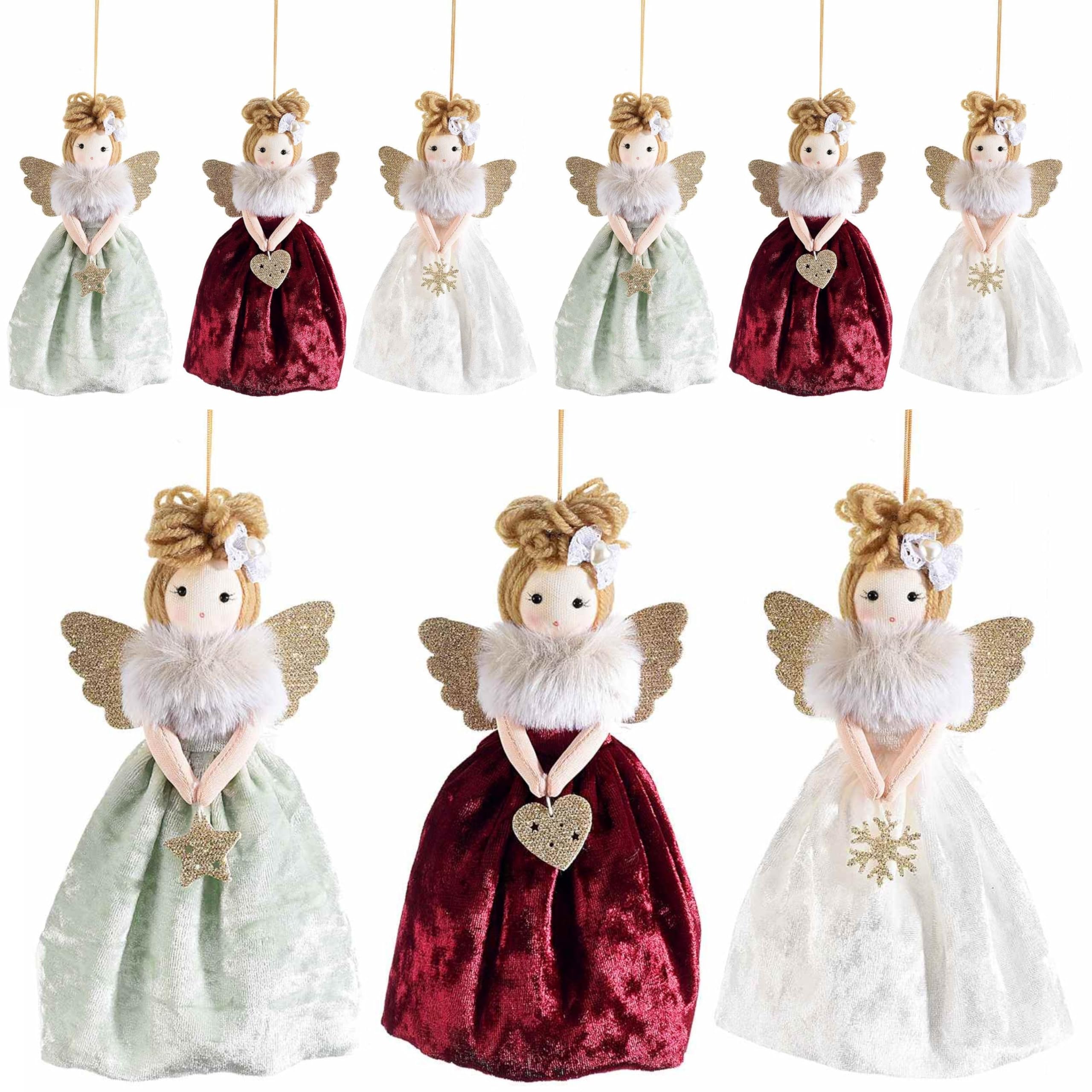 Gruppo Maruccia - Anges à suspendre avec robe en fausse fourrure - Décorations pour sapin de Noël et maison - 6 pièces
