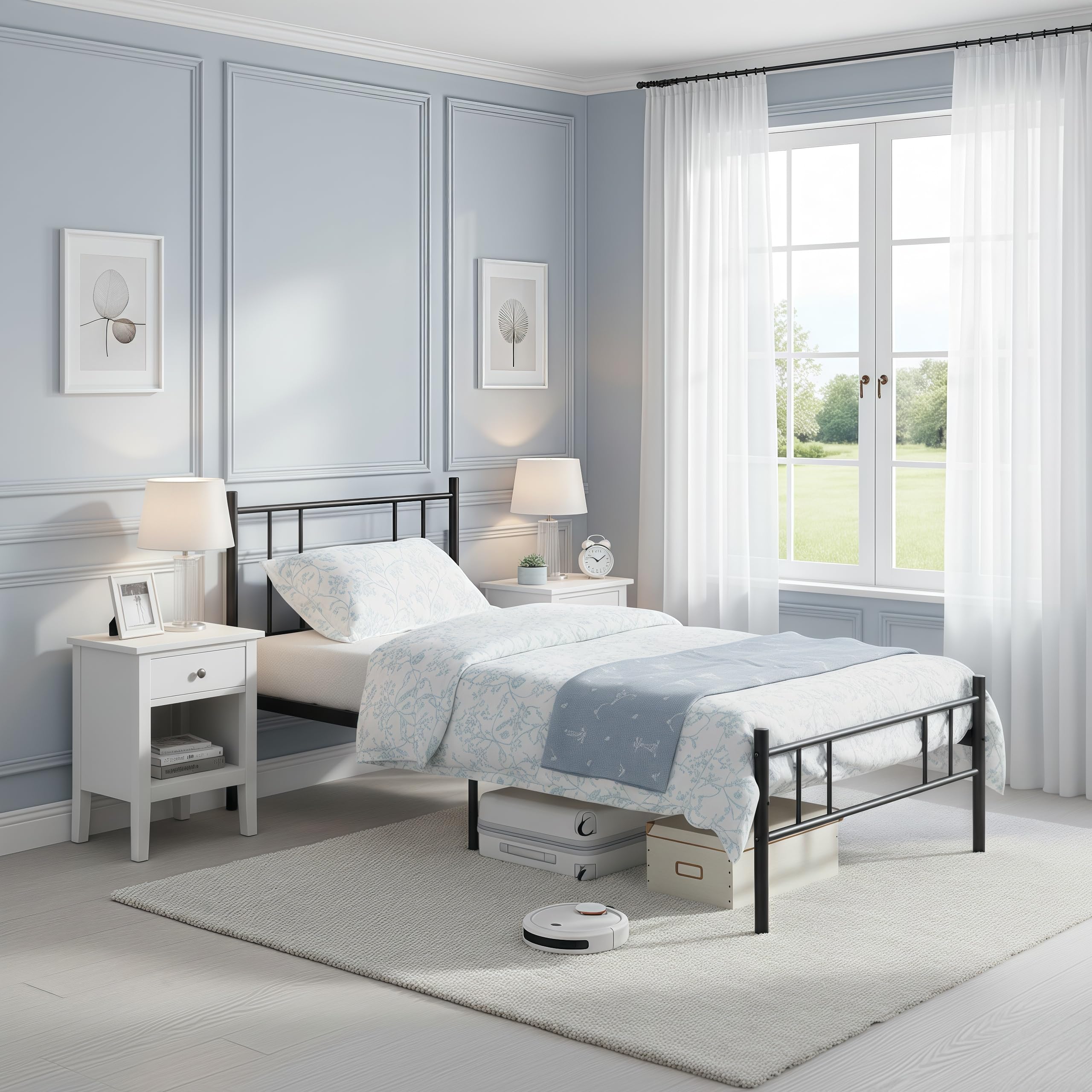 Métal Cadre de Lit, 90 x 190 cm, avec Tête et Pied, Lit Une Place, Adapté aux Petits Espaces, pour Adolescent, Enfant, Adulte, Nombreux Rangements sous, Noir