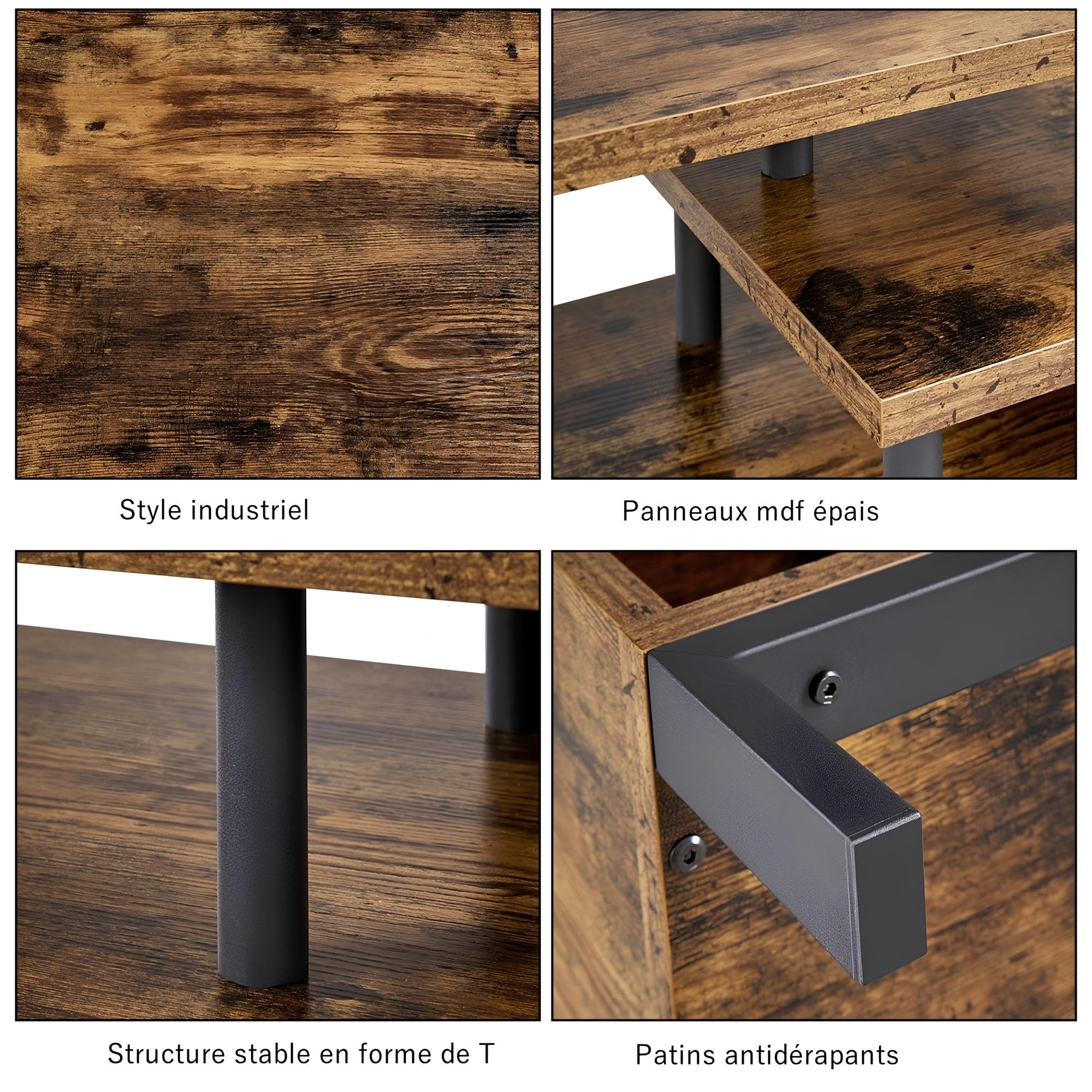 Yaheetech Meuble TV Bas Table TV Support de Télévision en Bois pour Salon Chambre Salle à Manger à 3 Niveaux Style Industriel Marron Rustique 106 x 39,5 x 40 cm