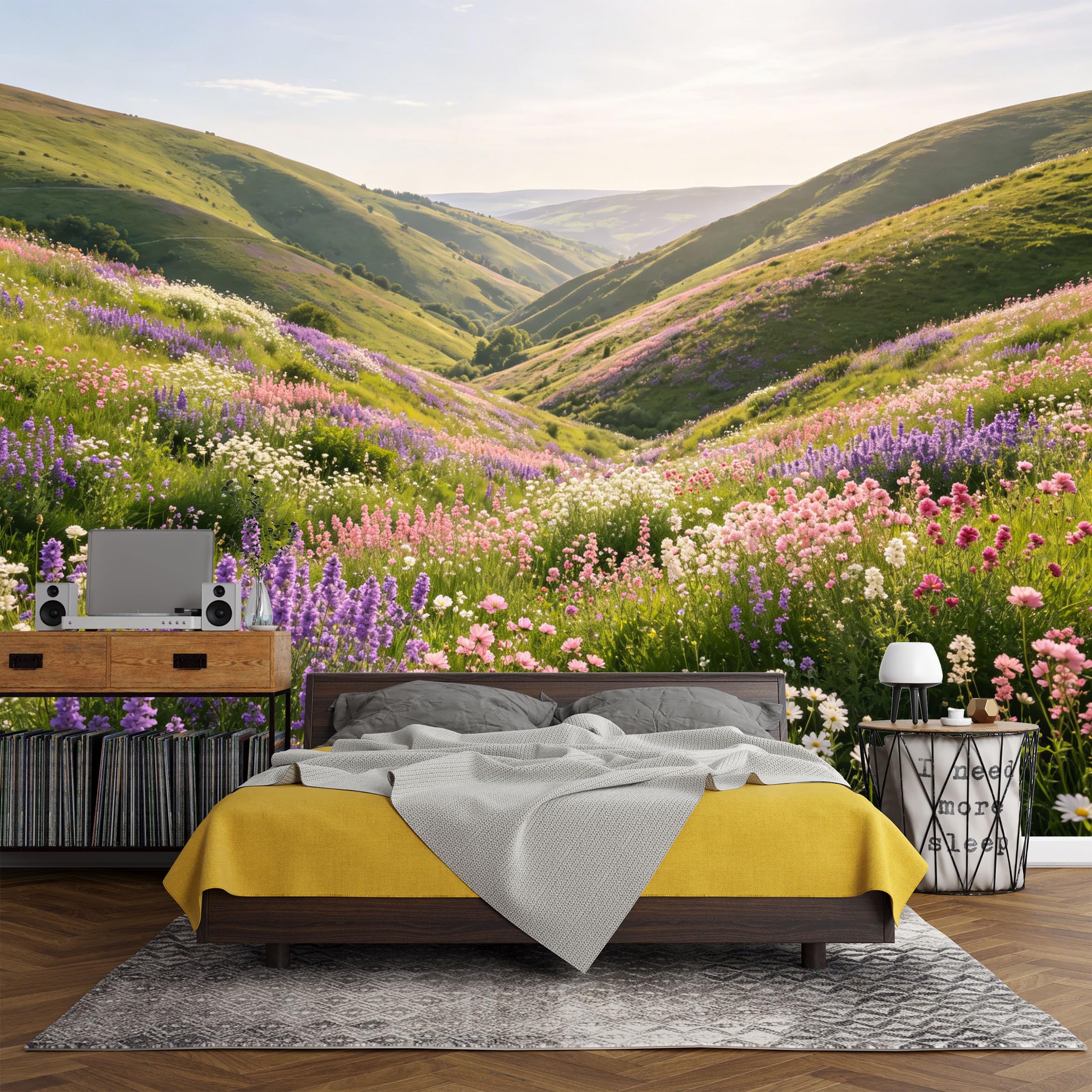 Custom Size Wall Mural， Landscape Wildflower Meadow Spring Valley Hills，SelfAdhesive Art Prints wall Fabric (No PVC) Removable Wallpaper Living Room Decor