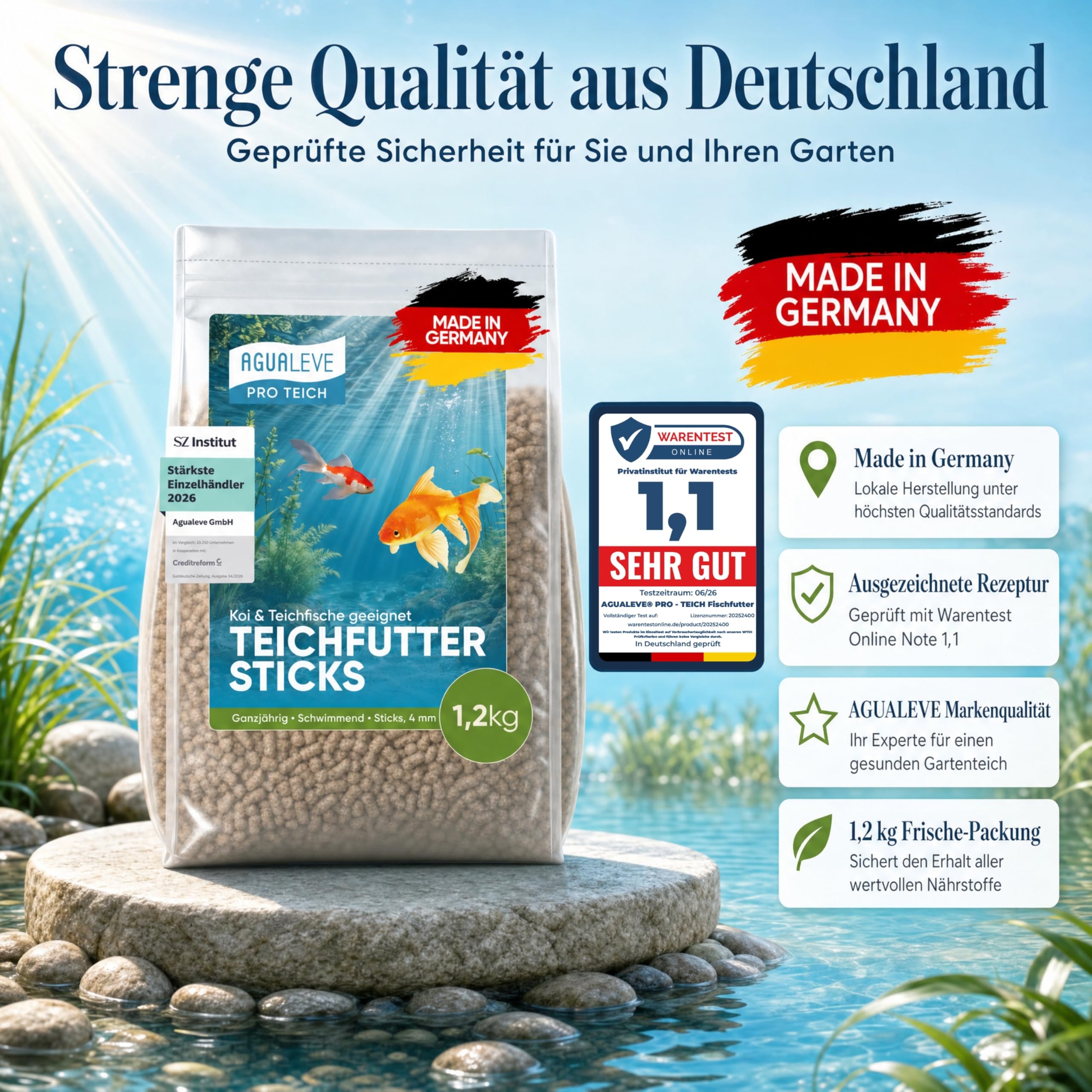 PRO TEICH Teichfutter Sticks 15 L (ca. 1,2 kg) – ganzjährig | schwimmende Sticks 4 mm | Koi & Teichfische | gut sichtbar | Weizenkeim, ausgewogene Nährstoffbasis | Made in Germany