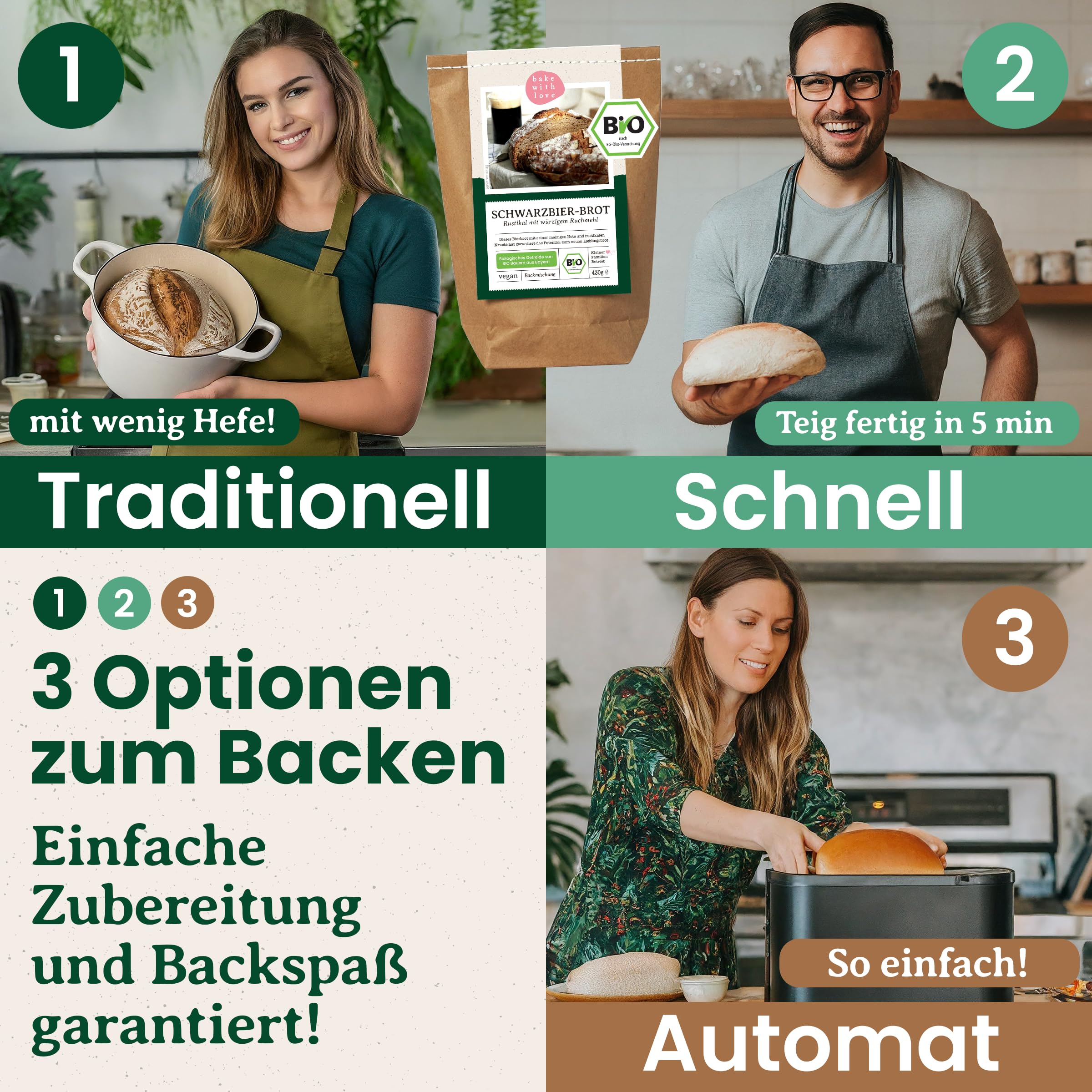Bio Schwarzbier-Brot Brotbackmischung - Backmischung für Bierbrot - Bier Männergeschenk - Brotbackautomat geeignet - Bake with Love - (10er Pack)
