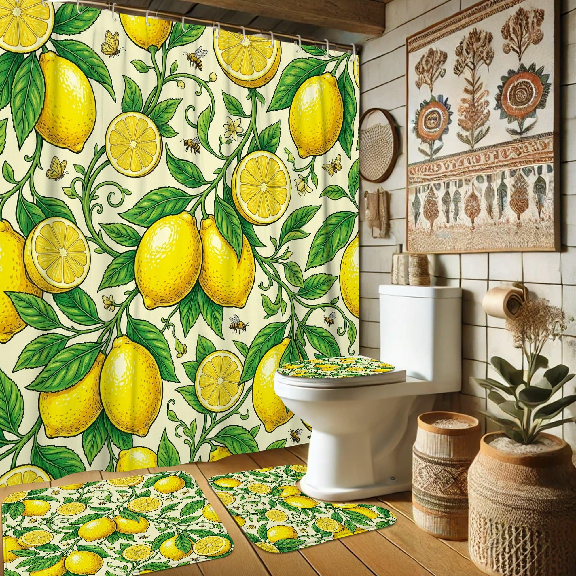 Rideau de douche imperméable anti-moisissure au motif de feuilles