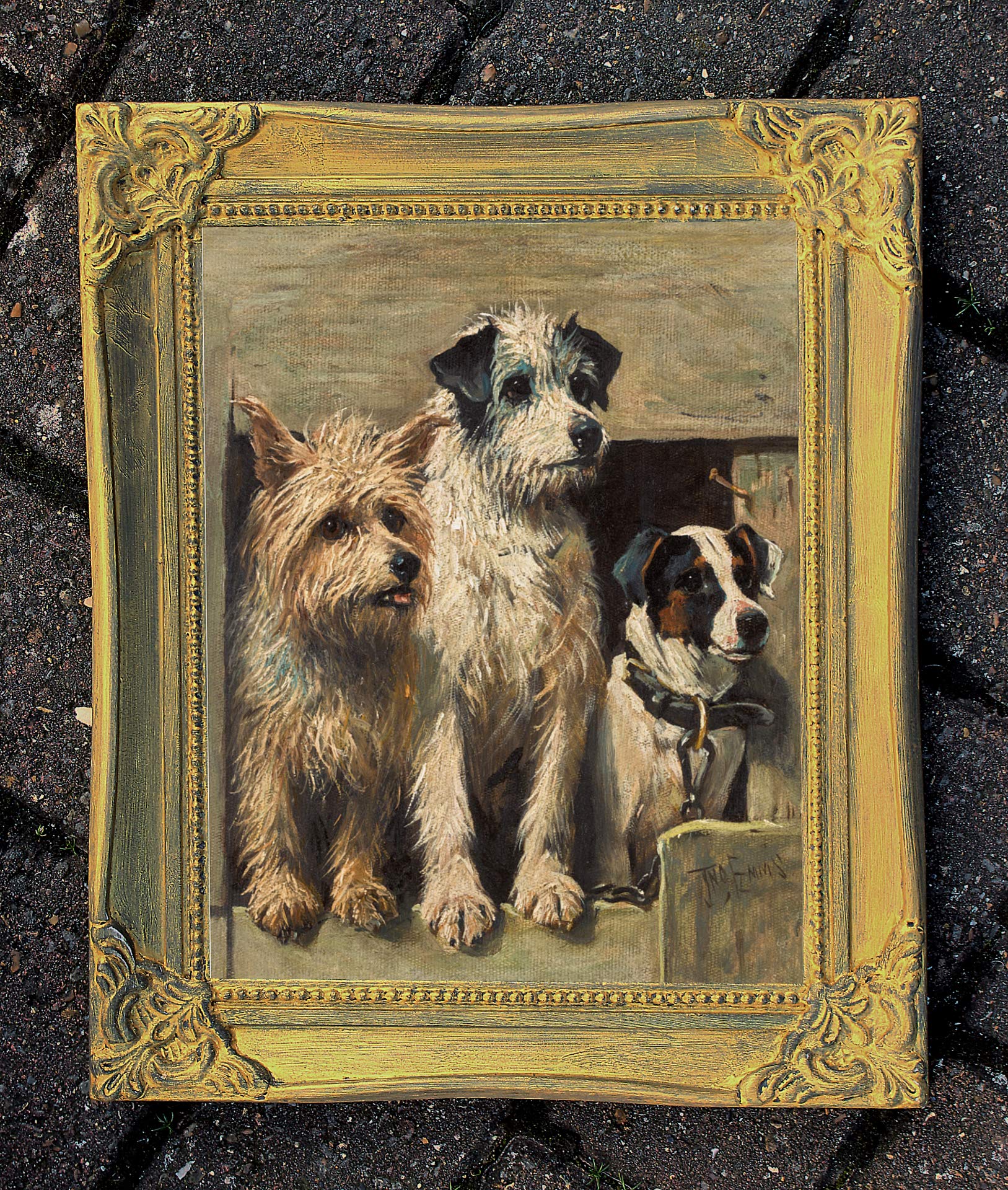 Gilt Framed Oleograph of 3 Terriers aft. John Emms