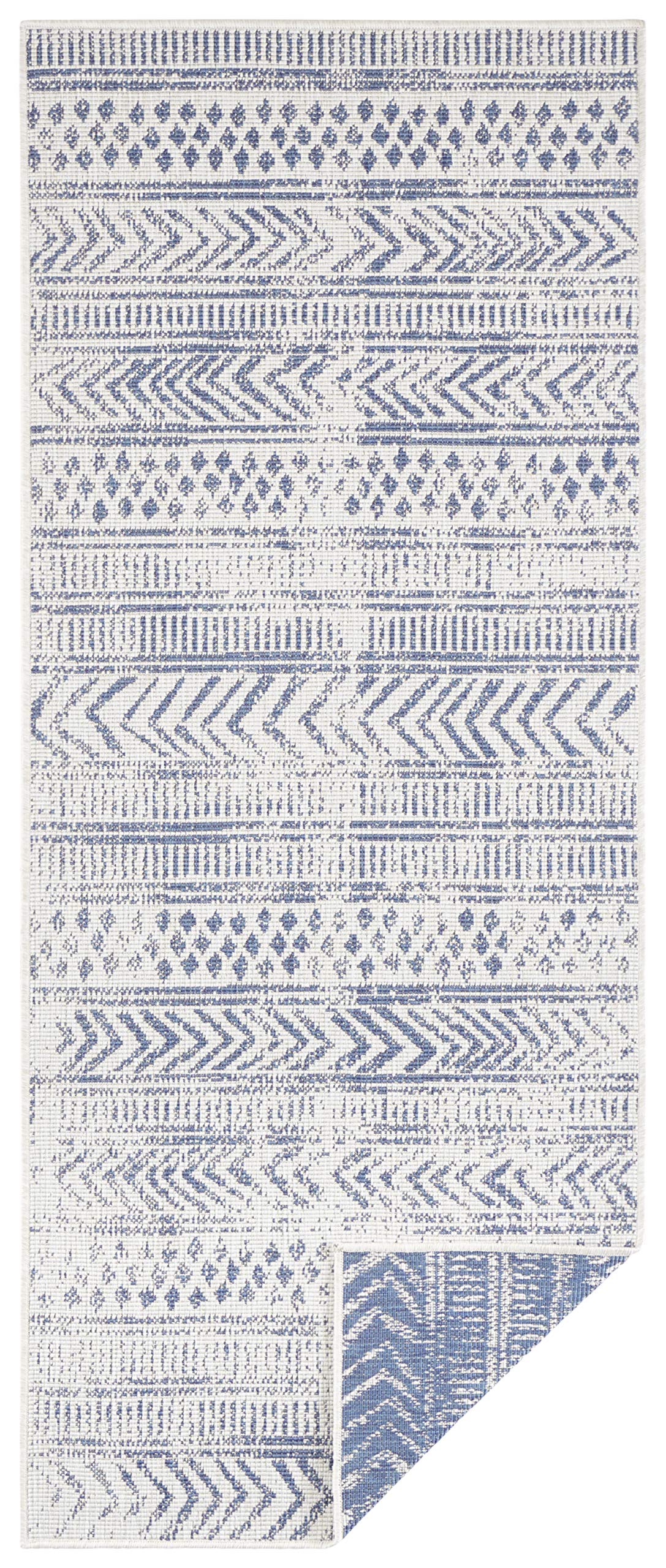 NORTHRUGS In- und Outdoor Teppich Biri 80x350cm - Wendeteppich Wetterfest Boho Style Vintage Design Läufer für Balkon Terrasse Garten Wintergarten Wohnzimmerteppich Wasserfest in Blau Creme