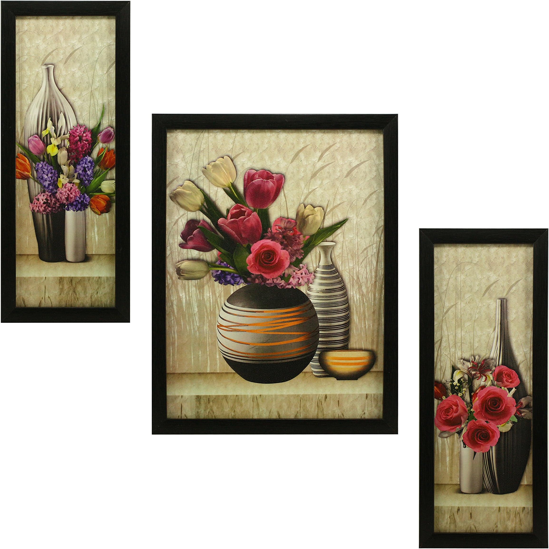 Indianara 3 Pc Set of Floral Paintings (1056) Without Glass 5.2 X 12.5, 9.5 X 12.5, 5.2 X 12.5 Inch-Multicolour