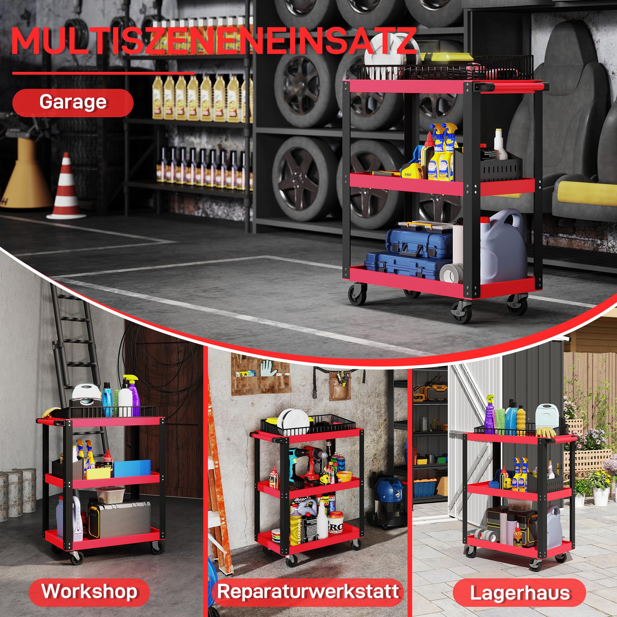 HOMCOM Werkstattwagen mit 3 Etagen, Werkzeugwagen leer, Transportwagen mit seitlicher Griff, 4 Rollen, bis 120 kg Tragkraft, Metall, 70,5 x 35 x 82,5 cm, Rot