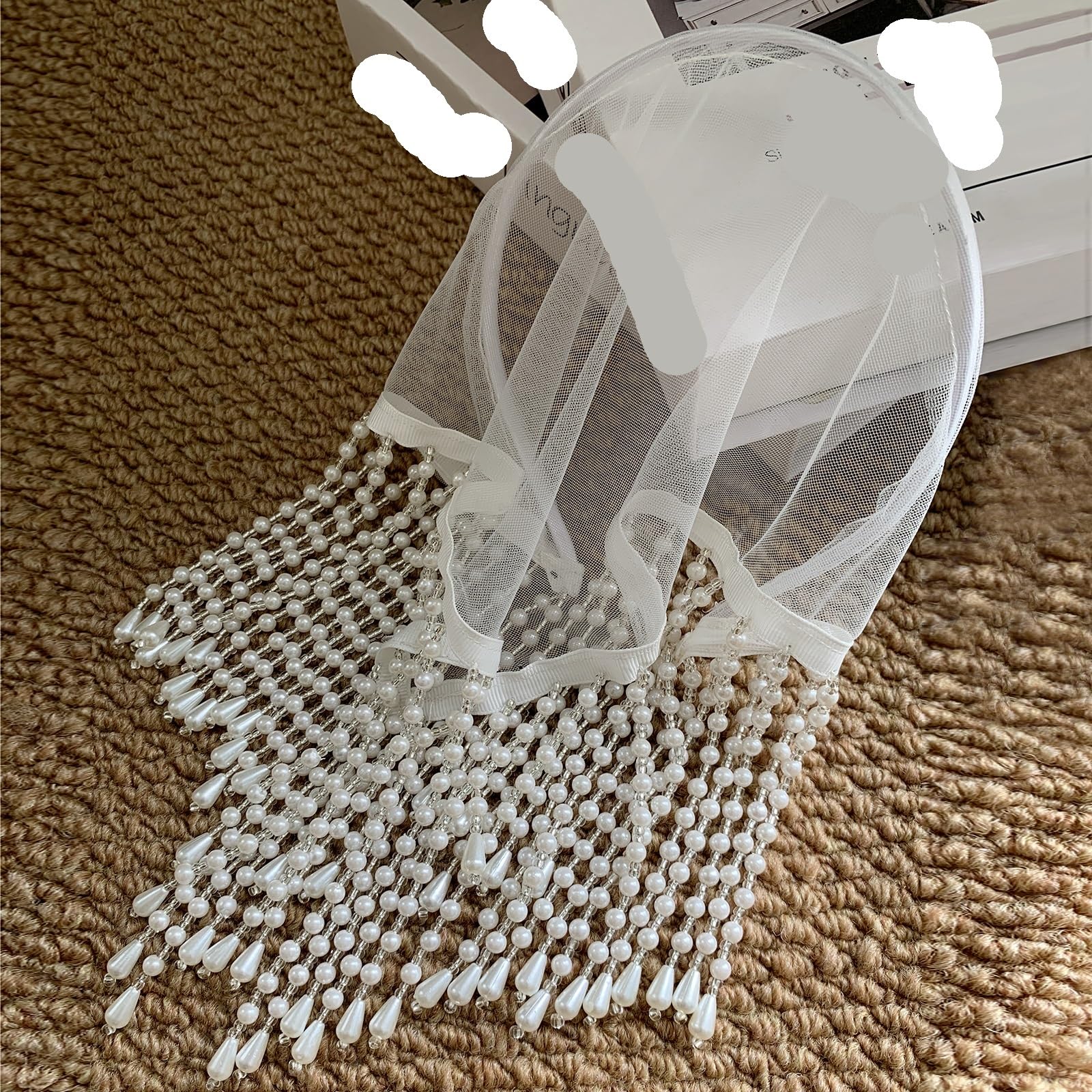 Diadema con cadena for el pelo borlas de perlas, tocado for fiesta boda, velo mujer malla blanca