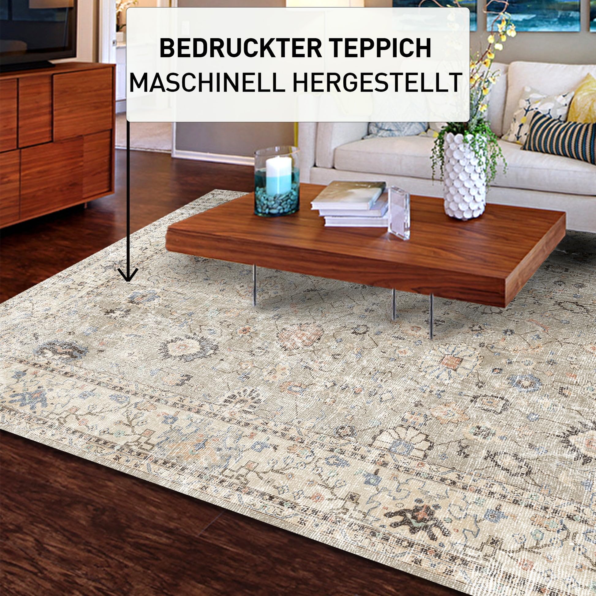 bamyum Monty Bedruckter Teppich Chenille-Druck Maschinell Hergestellt 160 x 230 cm, Waschbarer Wohnzimmer Vintage Schlafzimmer, Antibakteriell Antirutschunterlage Küchenteppich Beige